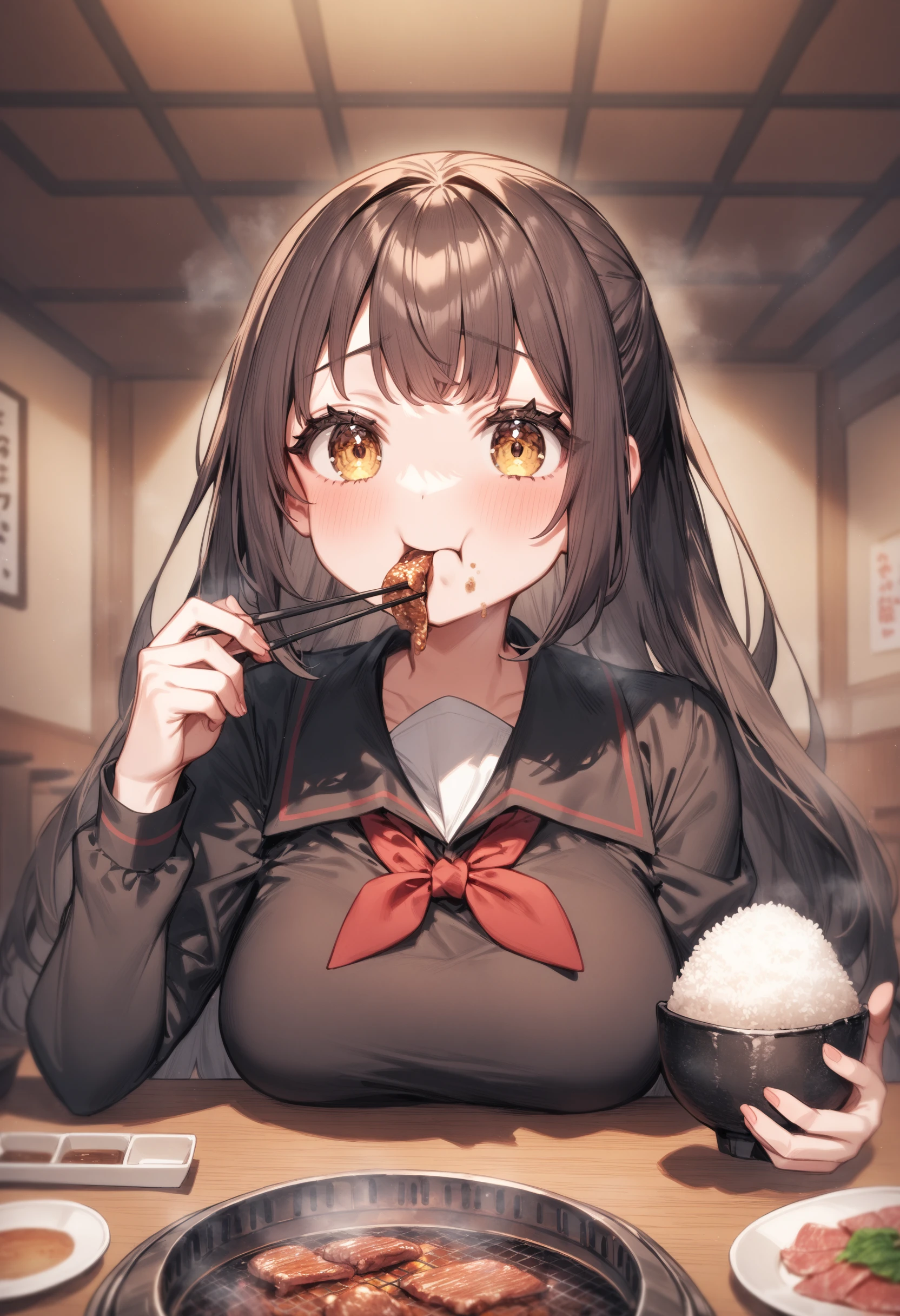 1girl, <lora:sdxl2-flat2-512b:-1>,medium breasts,school uniform,
<lora:yakiniku_XL_v1:1>,yakiniku,food, solo, bowl, holding chopsticks, rice, table, meat, plate, indoors, sitting, restaurant, vegetable, eating, pov across table, salad
masterpiece, best quality, very aesthetic, absurdres