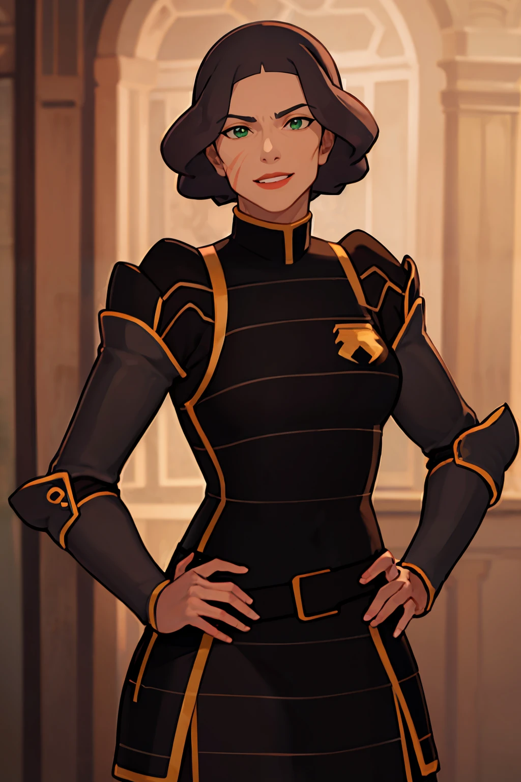 ((masterpiece,best quality)), absurdres, <lora:Lin_Bei_Fong_CivitAITrainer:0.8>,   Lin_Bei_Fong, 1girl, solo, short_hair, black_hair, green_eyes,  parted_lips, scar, uniform, makeup, lipstick, red_lips, shoulder armor,   solo, smiling, looking at viewer, hand on hip,