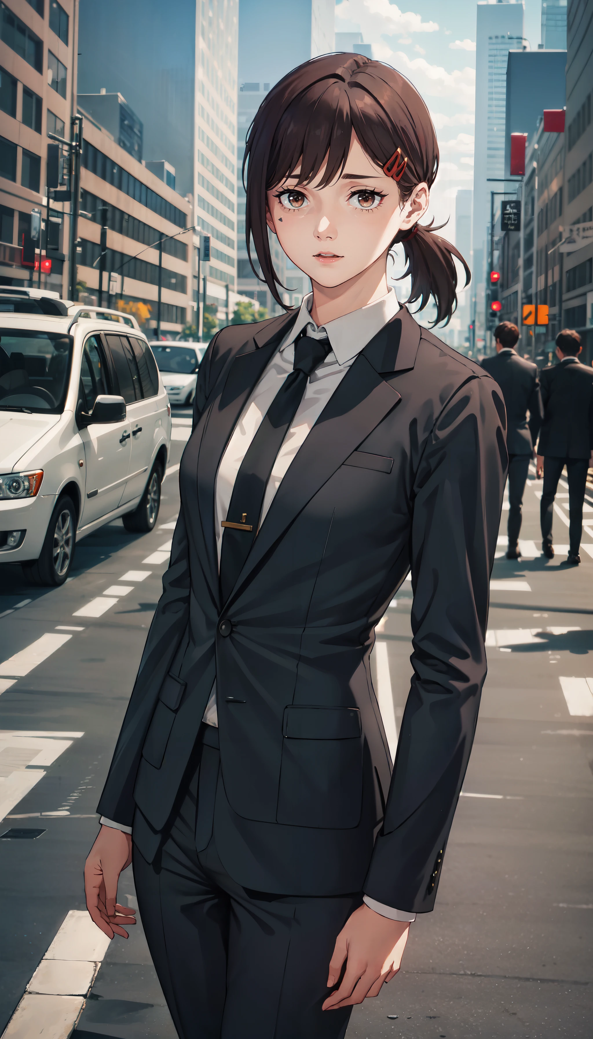 photorealistic, (4k), depth of field, (Masterpiece), (realistic skin texture), extremely detailed, intricate, hyper detailed, professional photography, bokeh, high resolution, sharp detail, best quality, girl, brown hair, ponytail, hairclip, brown eyes, suit, necktie, white collared shirt, suit pants, <lora:GoodHands-vanilla:0.4>, <lora:detail_slider_v4:0.8> , dynamic pose, (dorsiflexion), <lora:Kobeni Higashiyama-000004:0.7>, solo, alone, modern city, empty streets, skyscrapers,