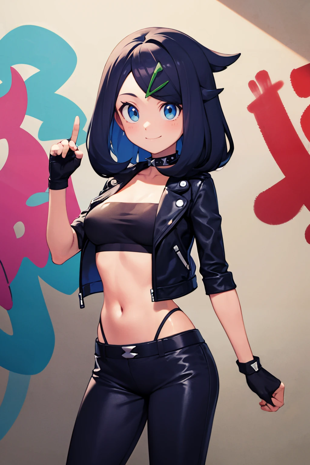 ((masterpiece,best quality)), absurdres,   <lora:Liko_Pokemon_v2:0.8>,  liko (pokemon), blue hair, hair clip,       leather jacket, leather pants, strapless bra, black jacket, tight pants, black choker, zipper, fingerless gloves, biker clothes, spikes, unzipped, multiple belts, shiny clothes, high collar, (graffiti:1.2), brick wall,    solo, smiling, looking at viewer, cowboy shot,  <lora:Bold_CAT:0.3>,