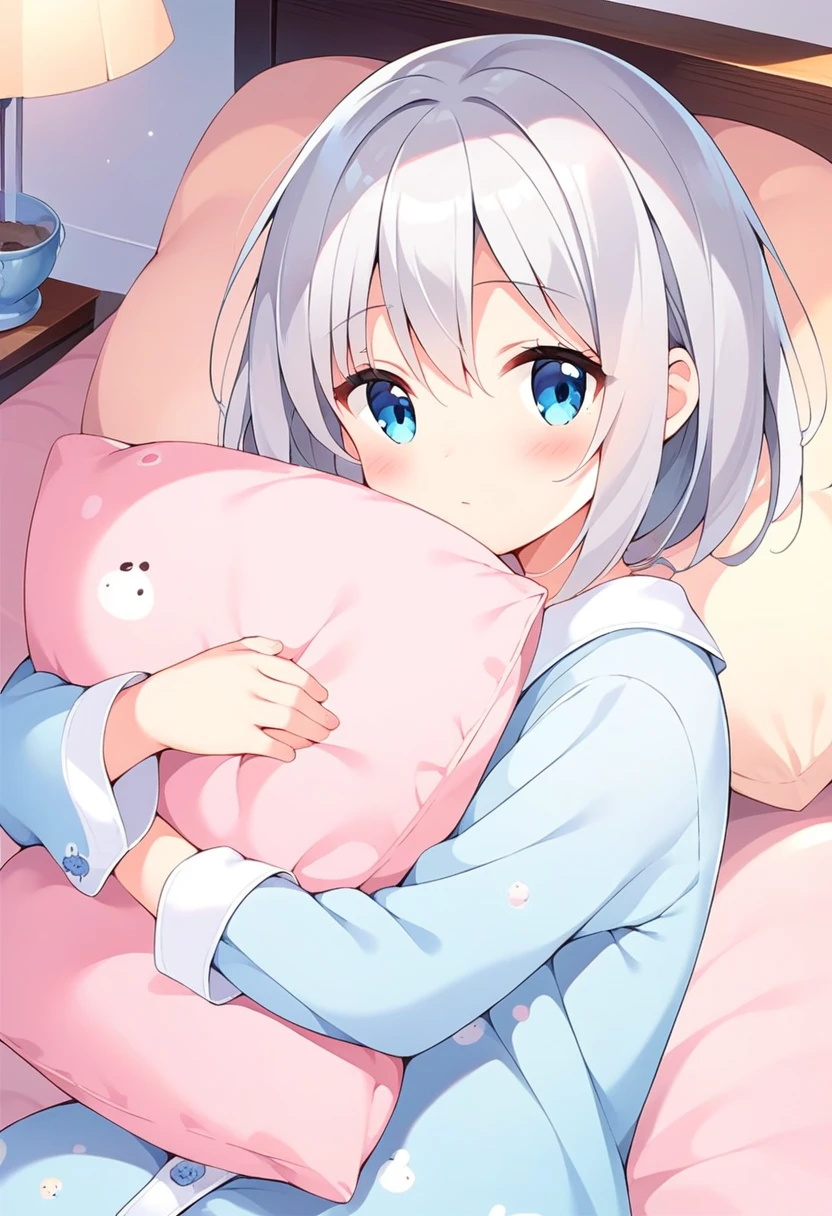 score_9, score_8_up, score_7_up, source_anime, 1girl, hugging pillow, pajamas, blush, silver hair