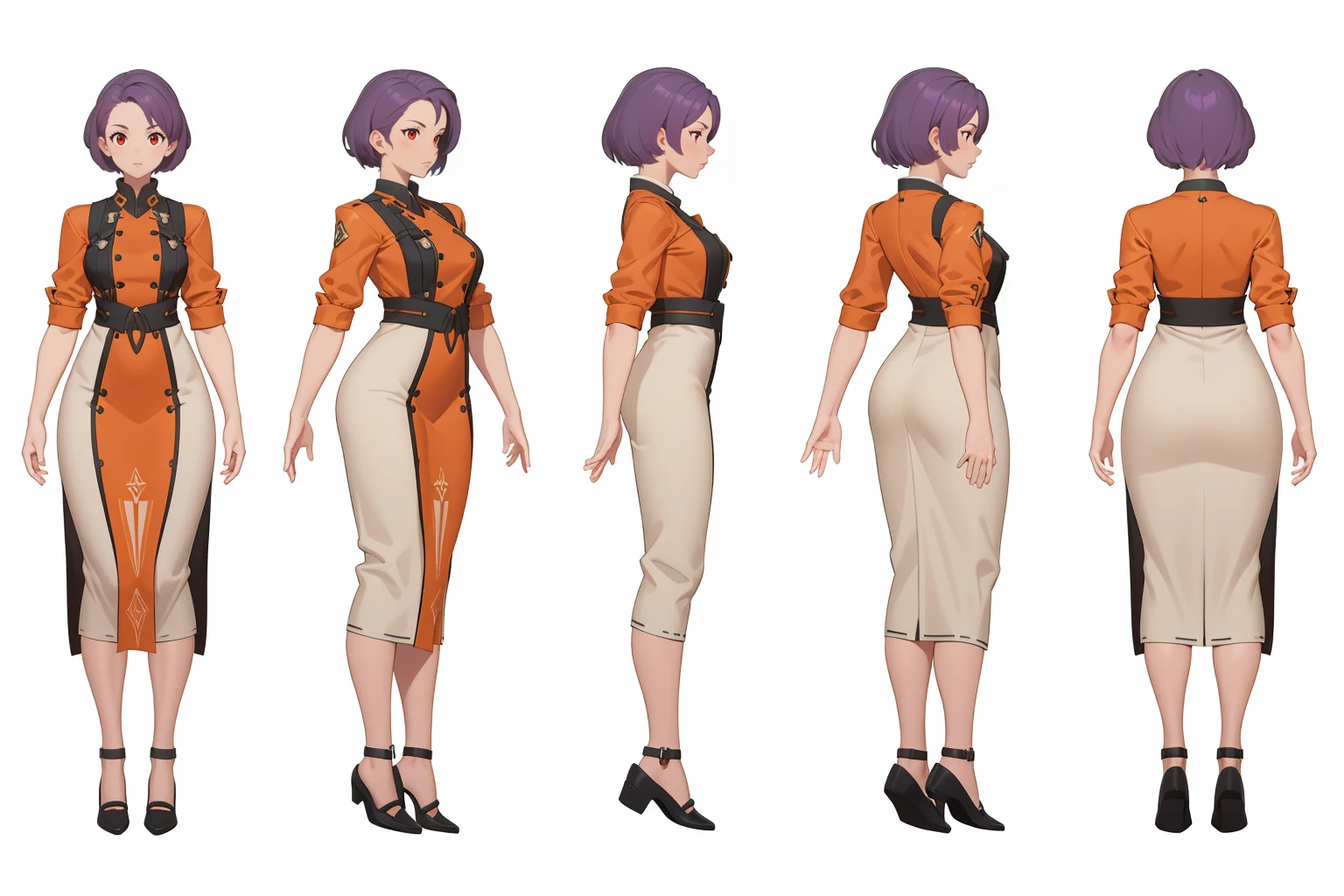 (GENERAL:0), highres, masterpiece, 1girl, solo, standing,
(VIEWS:0), charturnerv2:0.5, full body character turnaround of 1lady,
Multiple views of the same character in the same outfit, <lora:mw_charturn3:0.2>, (simple background, white background:1.3), multiple views, side view, back view, front view,
<lora:Two-dimensional:.2>
Multi-view, rear view, concept art, character painting, two-dimensional culture,
<lora:Triple view:0.2>
<lora:noline:.25>
<lora:CSCharTurn_v3:.38>
1girl,  black footwear,
<lora:spiderverse_style_offset:.1>
<lora:botw_style_offset:.1>
<lora:cyberpunk_edgerunners_offset:.1>
<lora:arcane_offset:.1>
<lora:clothTurn_v1:.5>
short hair, 
twin drills,
high and tight hair,
lavender hair,
Stocky,
Spanish,
Cocoa Skin,
red eyes,
Beige wrap midi dress with frill detailing
(orange  
holy  theme character design:1.1),