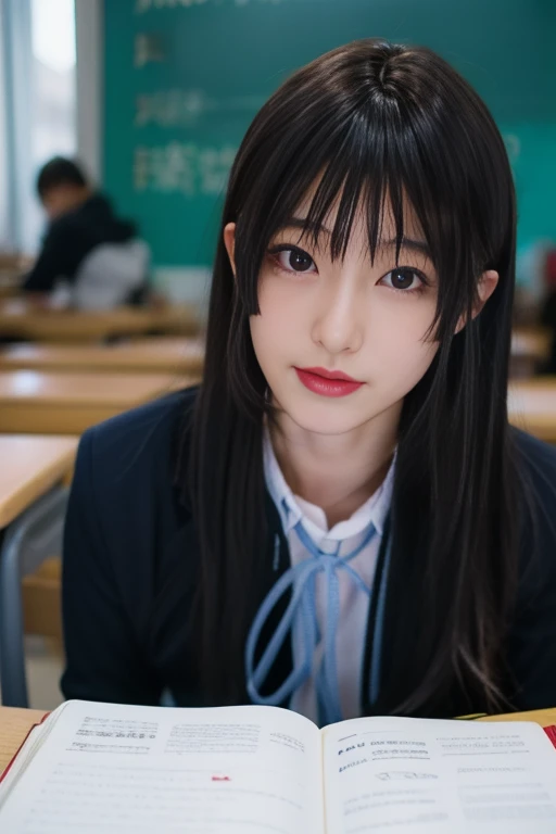ltra-detailed,highly detailed,best quality,masterpiece,illustration,realistic,photorealistic,
mio akiyama, sakuragaoka high school uniform,
1girl, solo, cosplay,
very long hair, bangs, 
looking at viewer, upper body,
 <lora:mio akiyama_v1_07:0.9>