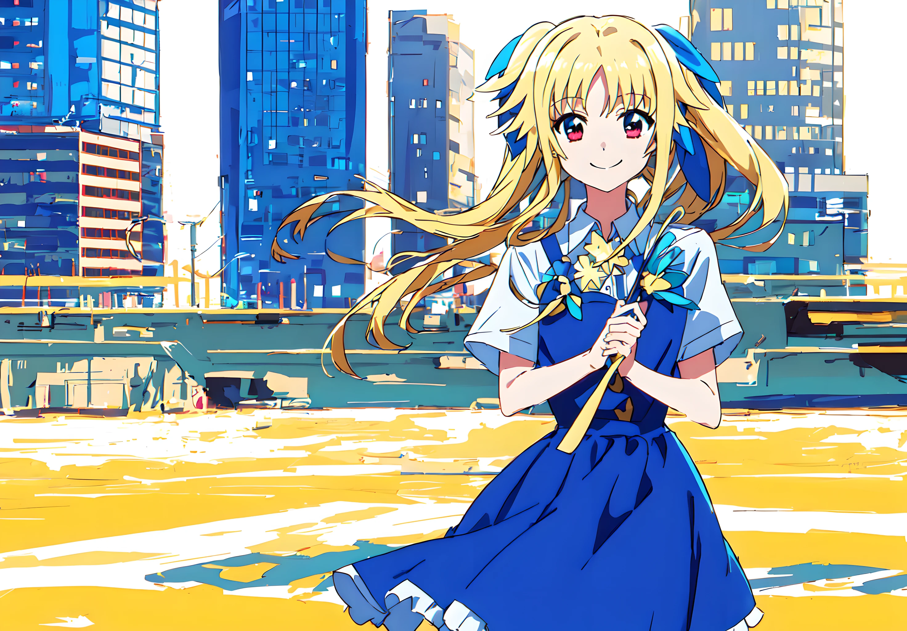 <lora:fate_v2:0.8>,fate,1girl,super fine illustration,masterpiece,best quality,city,blue dress,short sleeves,blue skirt,smile,cowboy_shot,