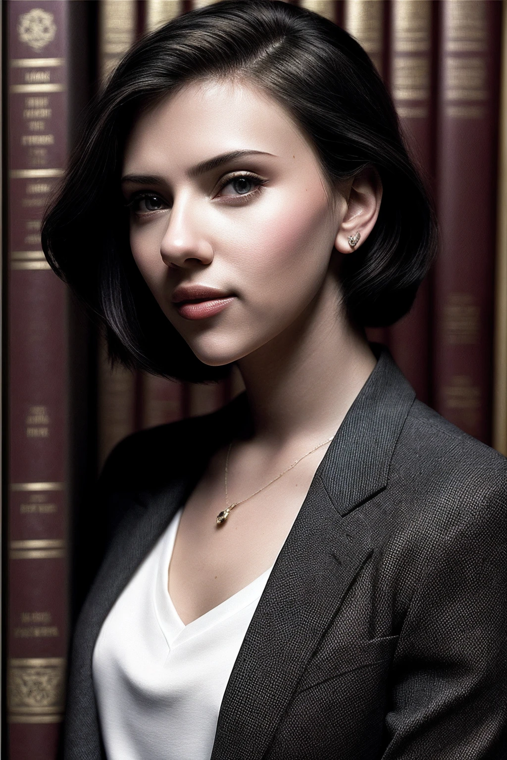 ScarlettJ_SoloTI_v1,PA7_Portrait-MCU,
a woman, perfect hair, (A sophisticated ensemble embodying the essence of intellectual elegance, featuring a tailored blazer in a timeless hue, paired with a crisp button-down shirt and sleek trousers:1.1), ((In a cozy library, shelves lined with leather-bound books and the scent of knowledge lingering in the air, the intellectual woman immerses herself in the world of words and ideas. With a poised demeanor and an insatiable thirst for knowledge, she exudes an aura of intelligence and refinement. Her style reflects her intellectual pursuits, blending classic elements with a modern edge, creating a harmonious balance between sophistication and intellect:1.2)), (seductive), photorealistic, masterpiece, high quality, artistic, unique, award winning photograph, professional, 8k, RAW photo, best quality,flattering, (cinematic:1.3) shallow DOF, depth of field,sharp focus,
<lora:add_detail:0.6>, <lora:LowRa:0.4>