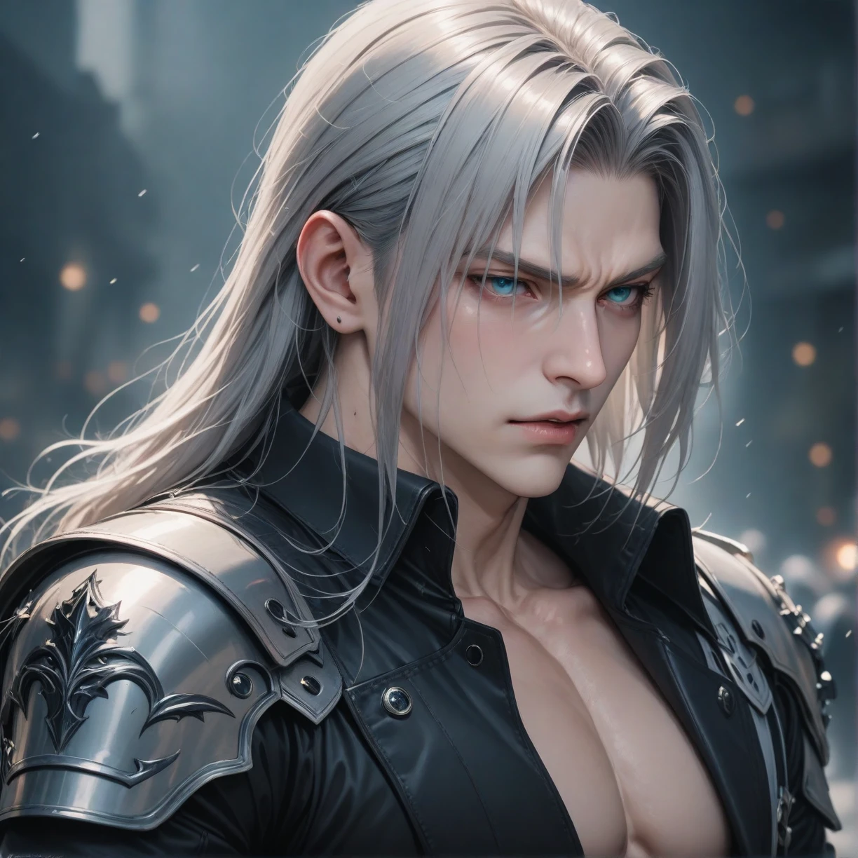 Ultra detailed, highres, absurdres, HDR, master piece, Sephiroth, gray hair, long hair, expressive green eyes, black leather clothes, Final Fantasy VII Remake, petals, fireflies, sexy man, solo, handsome, very detailed face and eyes, best quality, fantasy, magical, realistic face, fantasy city, black feathers, feathers, sensual, toned chest, close up