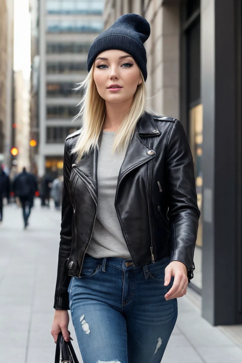 photo of S355_LovitaFate,a stylish woman,in a (city:1.1),wearing a (leather-jacket:1.1),(jeans),(beanie),(4k, RAW photo, best quality, 24mm, depth of field, ultra high res:1.1),(absurdres, intricate, photorealistic, cinematic-shot, masterpiece, ultra-detailed:1.1),