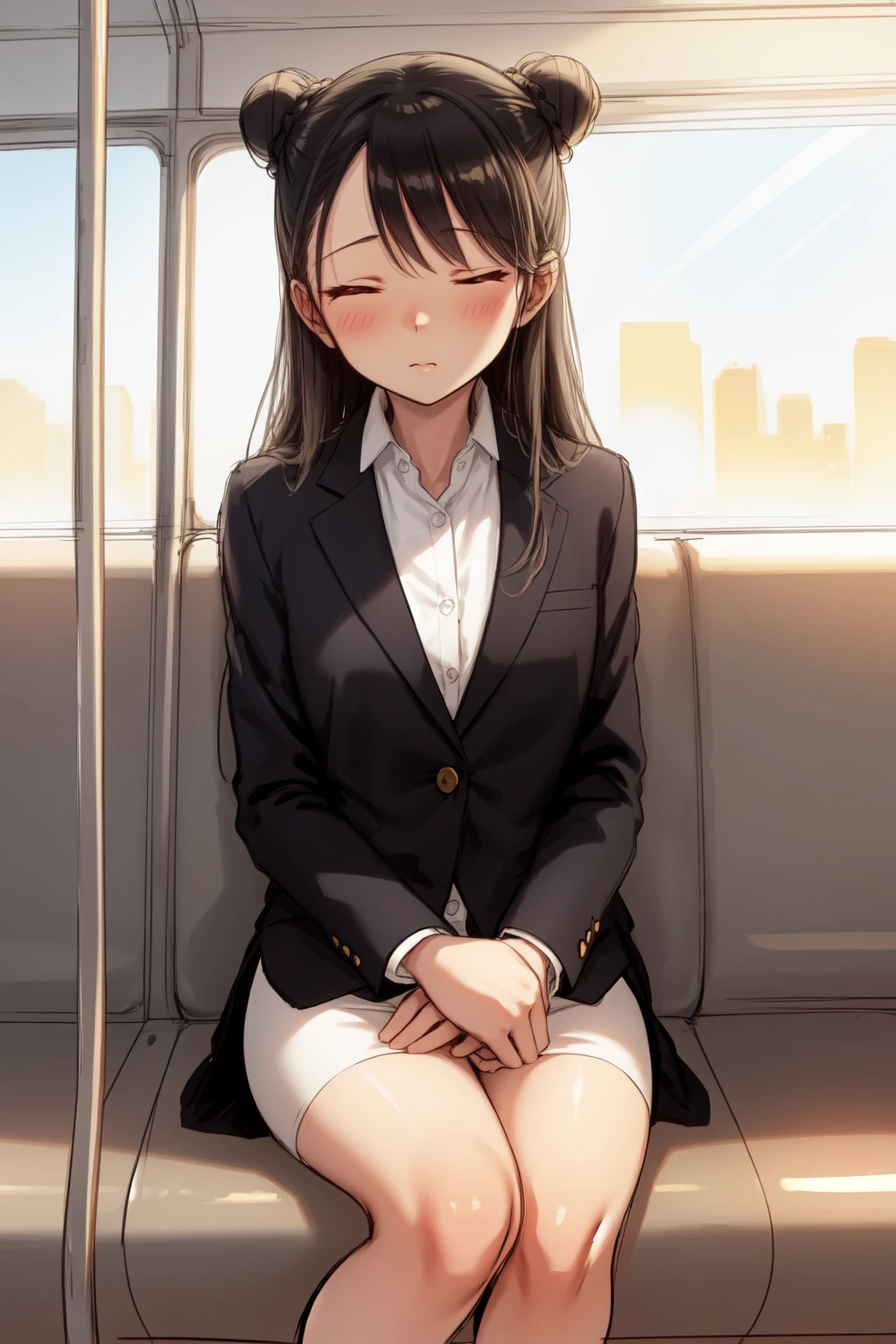 (traditional media, sketch:1.3),
1girl, mature, flat chest, single hair bun, dark hair, closed eyes, sleepy
BREAK office attire, grey blazer, white shirt, pencil skirt, sitting, v arms
BREAK public train, train interior, city background, sunset