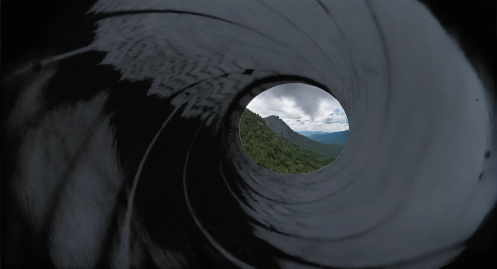 UHD, 4k, ultra detailed, cinematic, a photograph of <lora:Gun barrel sequence v2:1>
a picture of a mountain with a medium hole in it is see through a hole,outdoors,sky,cloud,tree,no humans,black background,nature,scenery,forest,mountain,landscape , Gun barrel hole, gun barrel's interior, pinhole camera, Gun barrel sequence style, epic, beautiful lighting, inpsiring