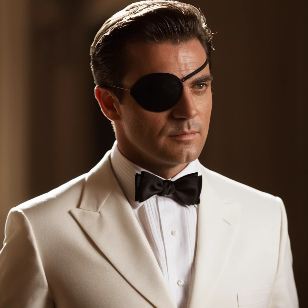 cinematic film still of <lora:James Bond 007 style:0.9> detailed sharp image of
Emilio Largo Adolfo Celi a man in a white suit and eye patch:1,solo,looking at viewer,shirt,1boy,bow,closed mouth,white shirt,white hair,male focus,collared shirt,bowtie,black bow,eyepatch,portrait,black bowtie,realistic,manly , dramatic light, dramatic shadow light, contrast, cinematic color, cinematic look, filmic, realistic, realism, perfection, perfect, Kodak, Kodak film, movie still, spy film, action themed, espionage, James Bond style, James Bond film style, 007 style, 007 film style, shallow depth of field, vignette, highly detailed, high budget, bokeh, cinemascope, moody, epic, gorgeous, film grain, grainy