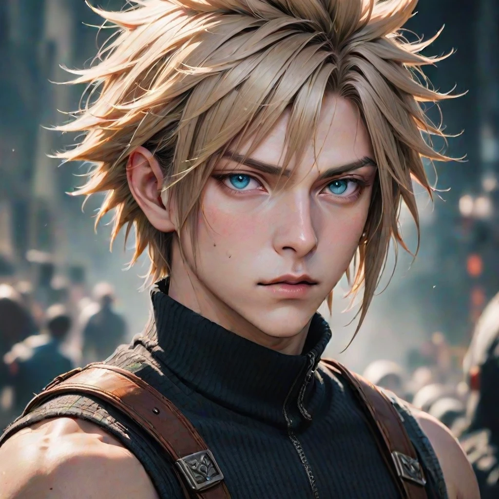 1boy, male focus, cloud strife, final fantasy,cowboy shot, portrait,, masterpiece, best quality, very aesthetic, absurdres,newest,ai-generated, intricate,