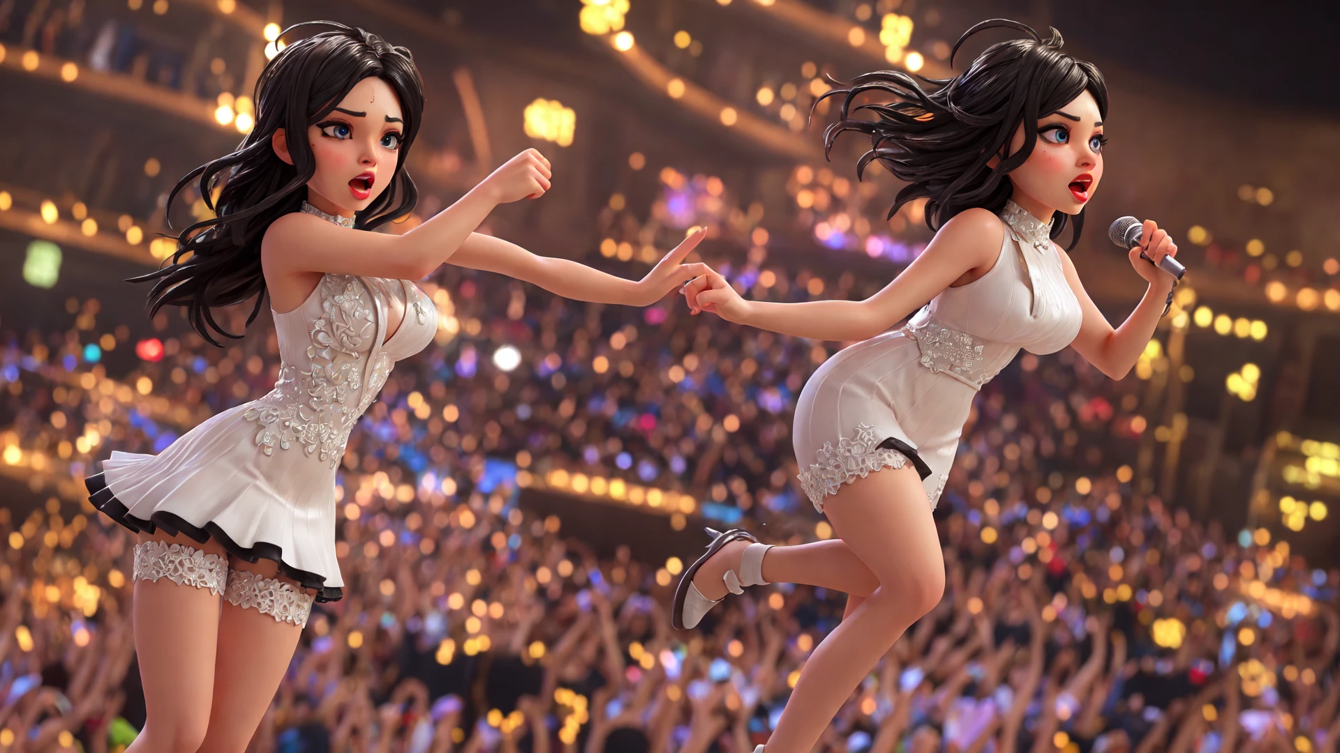 (masterpiece), (best quality), (ultra-detailed), A 3d render of a man with middle finger, singing, confident, glamorous, vibrant, empowered, captivating performance, dynamic lighting, alluring attire, artistic choreography, expressive gestures, celebratory atmosphere, supportive audience, big speakers, engaging stage presence, bold colors, tasteful composition, suggestive but not explicit, empowering portrayal, tuxedo, face focus, bokeh, from top, motion blur, depth of field,, photography, disheveled hair, detailed eyes, perfect composition, moist skin, intricate details, by wlop