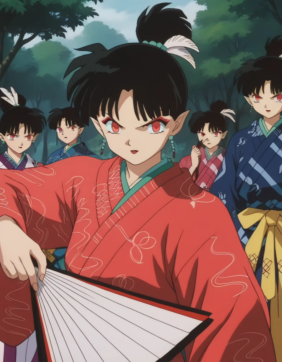 score_9, score_8_up, score_7_up, source_anime,
inuyashakagura, <lora:inuyasha-kagura-ponyxl-lora-nochekaiser:1>,
kagura, black hair, hair ornament, red eyes, pointy ears, makeup, feathers, feather hair ornament, ponytail,
jewelry, earrings, japanese clothes, kimono, makeup, hand fan, folding fan, red kimono, holding fan,
outdoors, forest, nature,
looking at viewer, fighting stance,