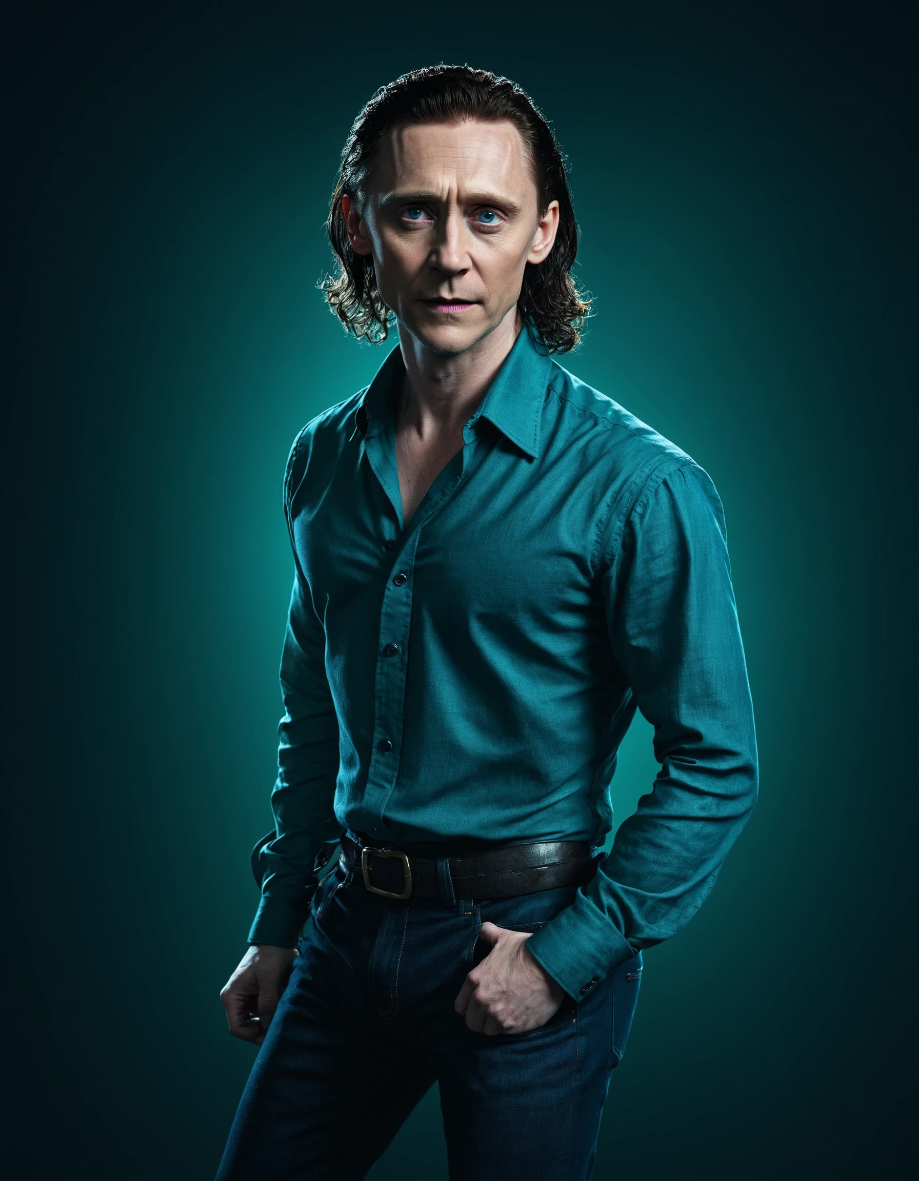 dsktnexl, blue light, red track lights, side lighting, gradient overlay, color wash, color gel, duotone photography, studio, 1boy, masculine, mature, male focus, tom hiddleston as loki, formal, shirt, jeans, wide shot, action pose, cinematic angle, <lora:DsktneXL:0.8>