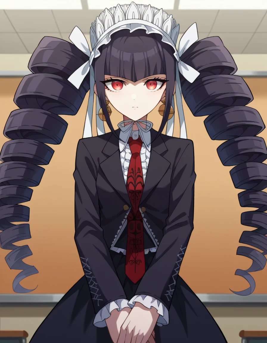 score_9, score_8_up, score_7_up, source_anime,
celestialudenberg, <lora:celestia-ludenberg-ponyxl-lora-nochekaiser:1>,
celestia ludenberg, long hair, bangs, black hair, red eyes, long sleeves, twintails, drill hair, twin drills,
skirt, shirt, black hair, long sleeves, jewelry, jacket, earrings, frills, necktie, black skirt, black jacket, red necktie, bonnet, print necktie,
indoors, classroom,
looking at viewer, cowboy shot, dutch angle,