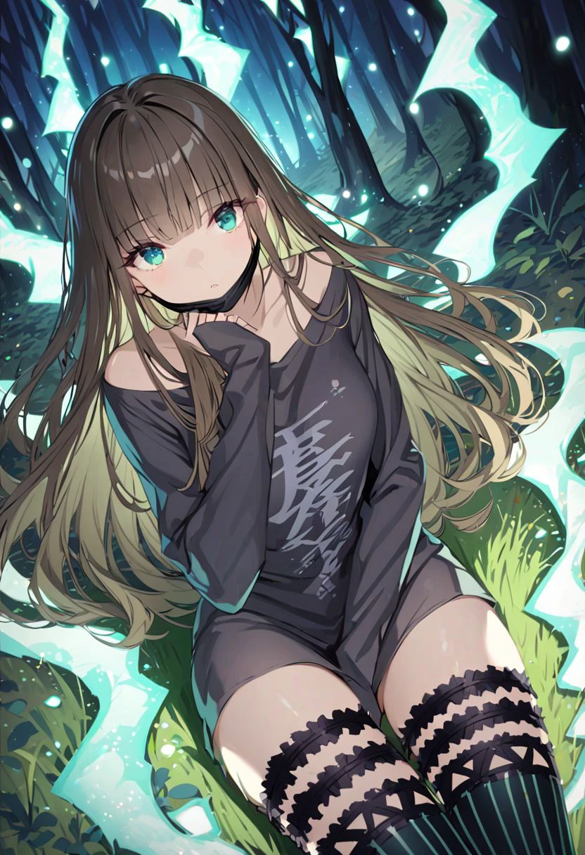 gretelalt, brown hair, long hair, teal eyes,
thighhighs, bangs, mouth mask,  long sleeves, legband, stockings,
looking at viewer,(lying on the ground), (at moonlight forest:1.3), full body, depth of field, dynamic angle, dynamic light, best quality ,masterpiece, high resolution, detailed,