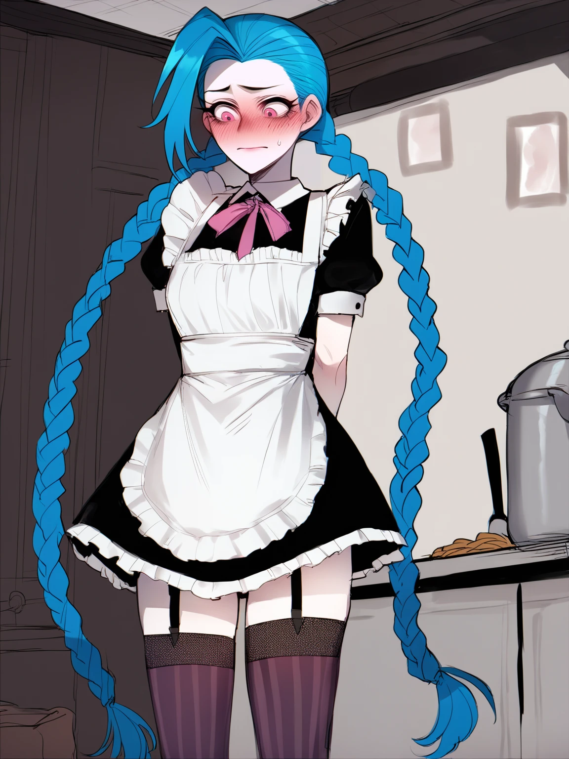 score_9, score_8_up, score_7_up, score_6_up, score_5_up, score_4_up, BREAK,
jinx from league of legends,  very long hair, blue hair, pink eyes, nail polish, twin braids, maid outfit, stockings,
arms behind back, blush, embarrassed, looking down, indoors, kitchen background   <lora:Ratatatat74XLLocon:1>