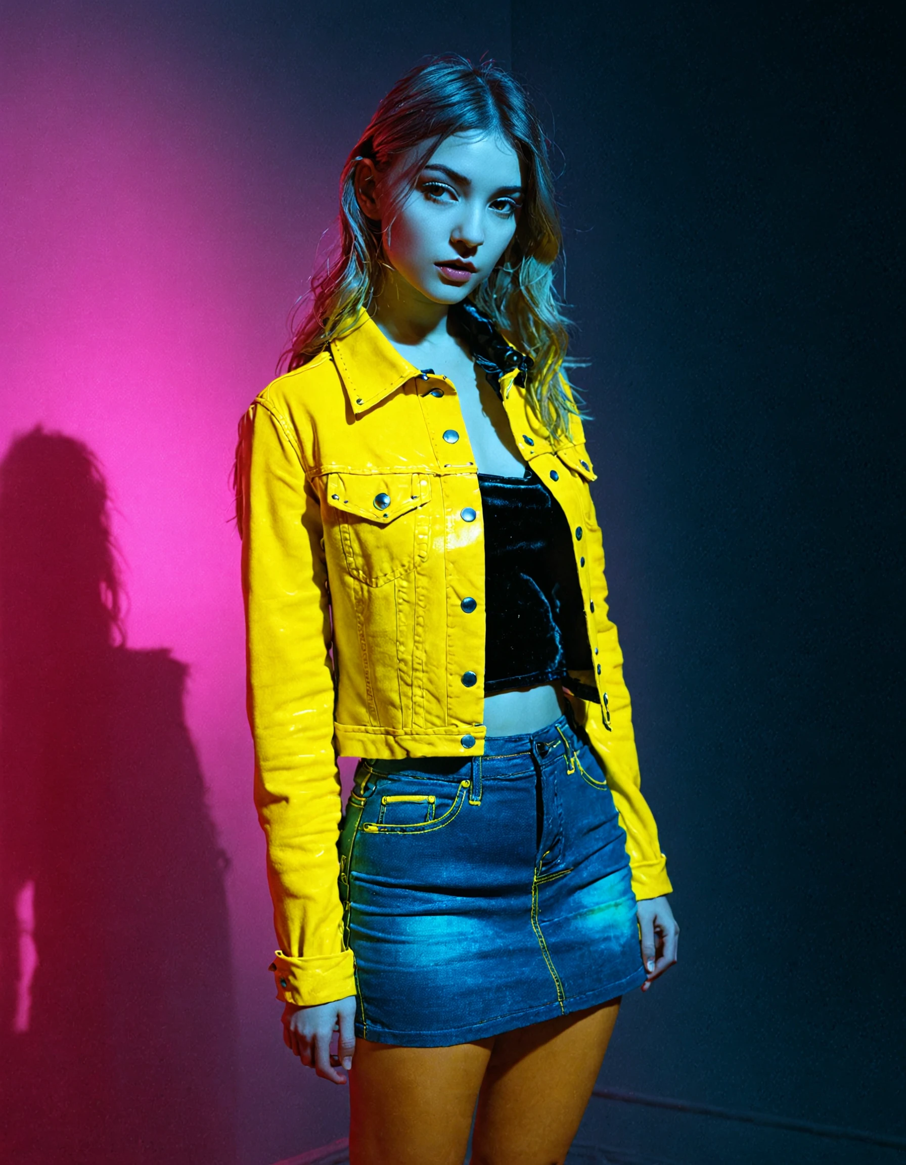 dsktnexl, neon lighting, yellow lights, gradient overlay, color wash, color gel, duotone photography, studio, 1girl, female focus, rococo fashion, short denim skirt, velvet shirt, leather jacket, wide shot, <lora:DsktneXL:0.8>