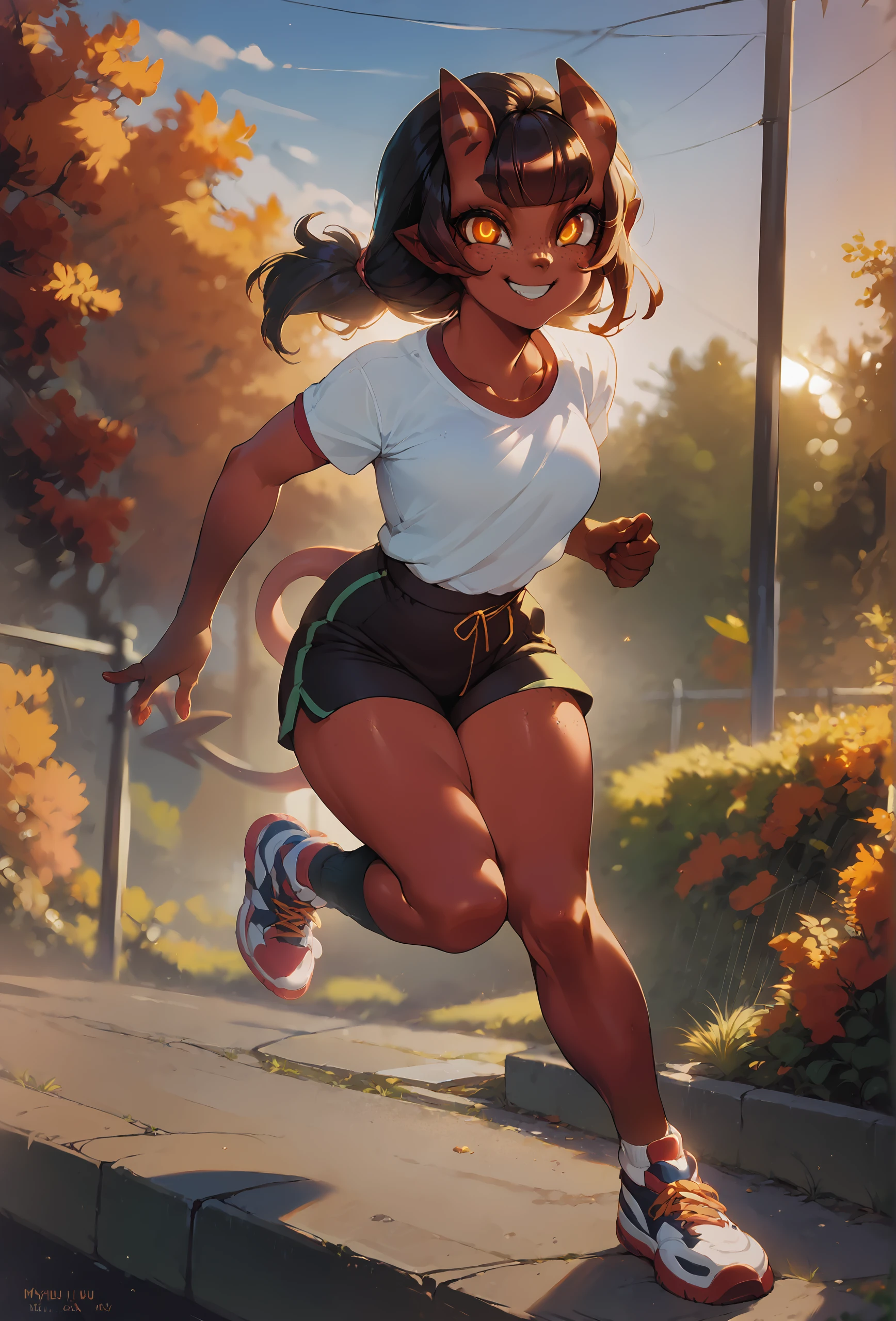 score_9, score_8_up, score_7_up, score_6_up, score_5_up, score_4_up, outdoors, sunset BREAK
 <lora:meru_succubus_ponyxl_v1_unet:1> meru, 1girl, solo, looking at viewer, smile, shirt, shorts, running shoes, freckles BREAK
 <lora:Anime Summer Days 2 Style SDXL_LoRA_Pony Diffusion V6 XL:1>