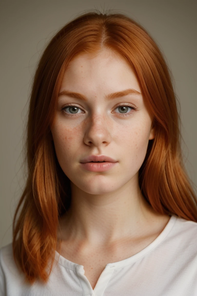 [professional], [masterpiece], 8k, hyperrealistic portrait of a 20yo cute ginger girl, long hair, redhead, looking shy, [freckles], [detailed face], [detailed skin], [photography], [hq], [photorealistic],closed mouth,shirt