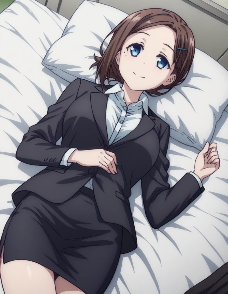 score_9, score_8_up, score_7_up, source_anime,
tawawakouhai, <lora:tawawa-kouhai-chan-ponyxl-lora-nochekaiser:1>,
kouhai, short hair, blue eyes, brown hair, hair ornament, hairclip, mole, mole under eye, smile,
skirt, shirt, jacket, white shirt, collared shirt, black skirt, black jacket, dress shirt, formal, suit, pencil skirt, office lady,
indoors, bed, bedroom, lying on back,
looking at viewer, dutch angle, cowboy shot,