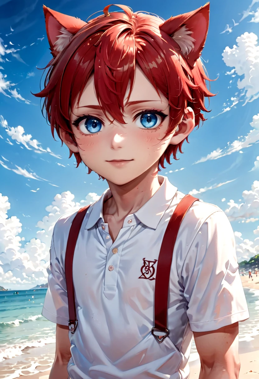 <lora:Aki_epoch_13:0.6>, (1boy:1.2), beach, faint smile, ( crimson cat ears:1.4), (red ears), male face, male body, more details in eyes, (very short hair:1.2), hair between eyes, cute, adorable boy, cute face, detailed face, handsome, young, juvenile, white skin, eyeshadow, crew cut, crimson hair, details sky, looking at viewer, blush, blue eyes, full shot, red suspenders, (pants), (white polo shirt), aki,petite,
(masterpiece:1.2), best quality, high resolution, unity 8k wallpaper, (illustration:0.8), (beautiful detailed eyes:1.6), extremely detailed face, perfect lighting, extremely detailed CG, (perfect anatomy),