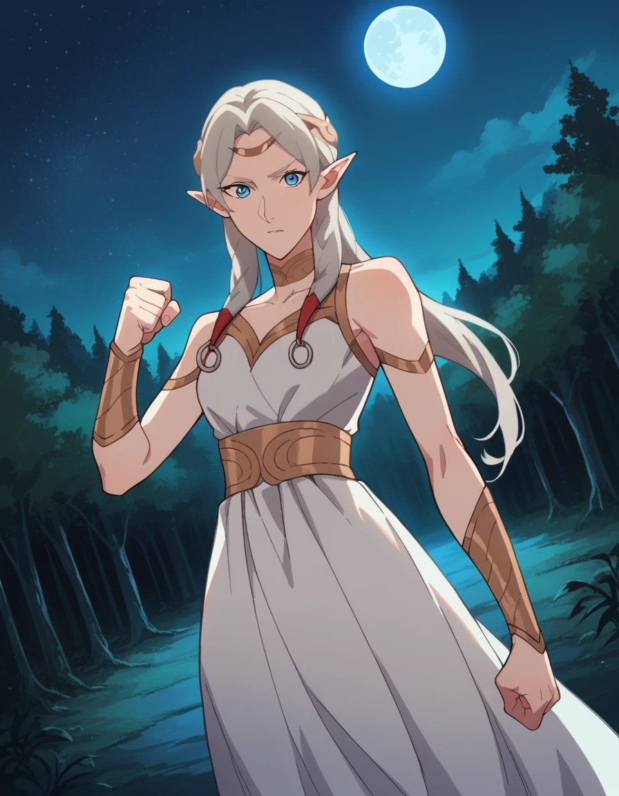 score_9, score_8_up, score_7_up, source_anime,
dotafymryn, <lora:dota-fymryn-ponyxl-lora-nochekaiser:1>,
fymryn, blue eyes, grey hair, pointy ears, elf,
long hair, choker, circlet, white dress, dress, gold trims,
outdoors, night, moon, starry sky, night sky, night, forest, nature,
looking at viewer, cowboy shot, dutch angle, fighting stance,
