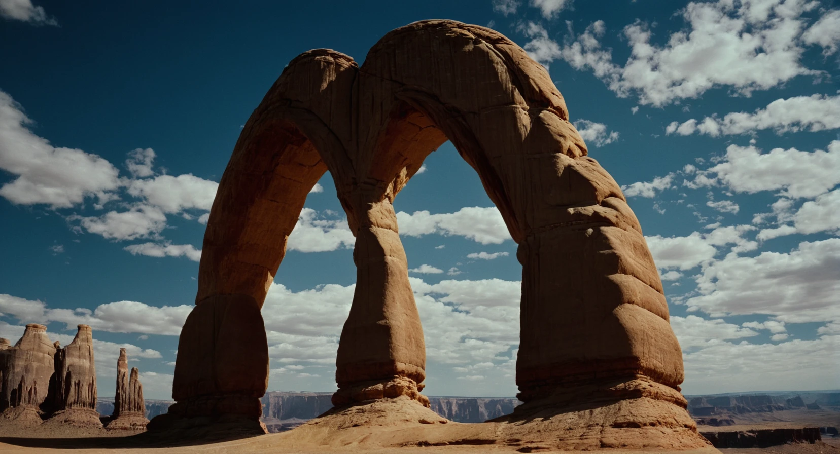 cinematic film still of <lora:Ron Fricke style:1>
a large arch in the middle of a desert,outdoors,sky,day,cloud,blue sky,no humans,cloudy sky,scenery,rock,desert,cliff,cave , realistic, realism, movie still, film grain, kodak film, film contrast, film color, cinematography, documentary, photography, 70 mm film, 65 mm film, Todd-AO, Todd-AO 35, 8K resolution, Ron Fricke film director style, Ron Fricke film directing style, Ron Fricke style, shallow depth of field, vignette, highly detailed, high budget, bokeh, cinemascope, moody, epic, gorgeous, film grain, grainy