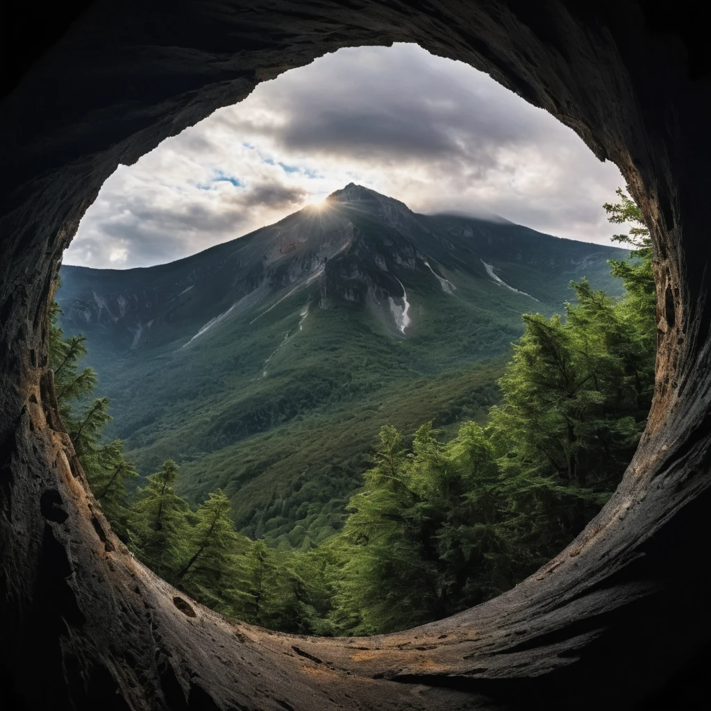 UHD, 4k, ultra detailed, cinematic, a photograph of <lora:Gun barrel sequence v2:1>
a picture of a mountain with a medium hole in it is see through a hole,outdoors,sky,cloud,tree,no humans,black background,nature,scenery,forest,mountain,landscape , , epic, beautiful lighting, inpsiring