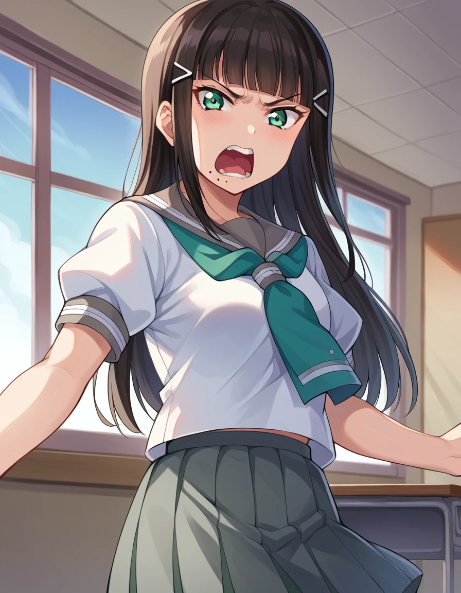 score_9, score_8_up, score_7_up, source_anime,
diakurosawa, <lora:dia-kurosawa-ponyxl-lora-nochekaiser:1>,
dia kurosawa, long hair, bangs, black hair, hair ornament, green eyes, sidelocks, hairclip, blunt bangs, mole, mole under mouth, angry, anger vein, open mouth, shouting,
skirt, school uniform, short sleeves, pleated skirt, serafuku, socks, neckerchief, kneehighs, black socks, green neckerchief, grey skirt, uranohoshi school uniform,
indoors, classroom,
looking at viewer, cowboy shot, dutch angle,
