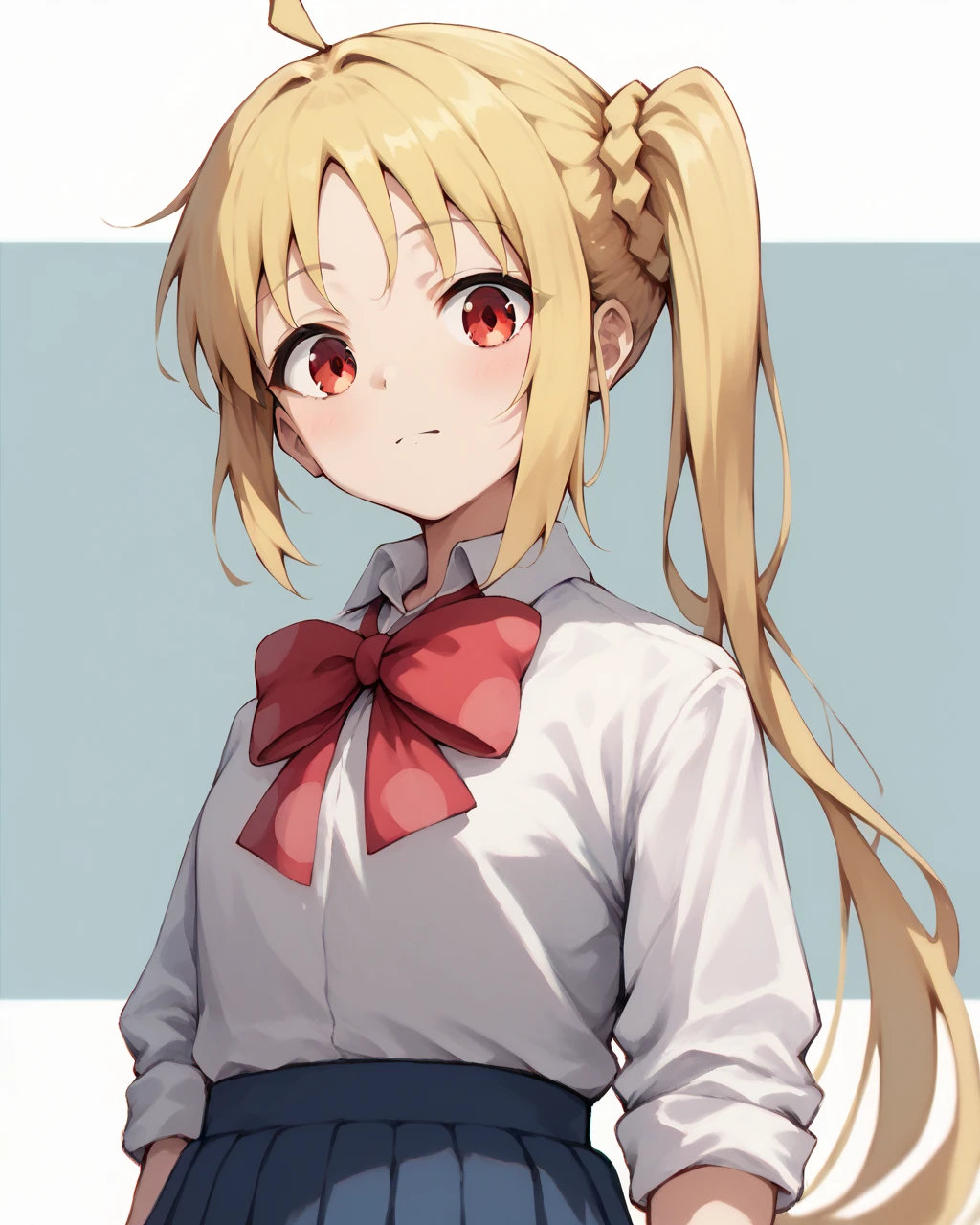 score_9, score_8_up, score_7_up,
<lora:Ijichi_Nijika_PONY:1>,ijichi nijika, 1girl, solo, blonde hair, long hair,red eyes, ahoge, side ponytail,bangs,white shirt, school uniform, red bowtie, pleated skirt, blue skirt,