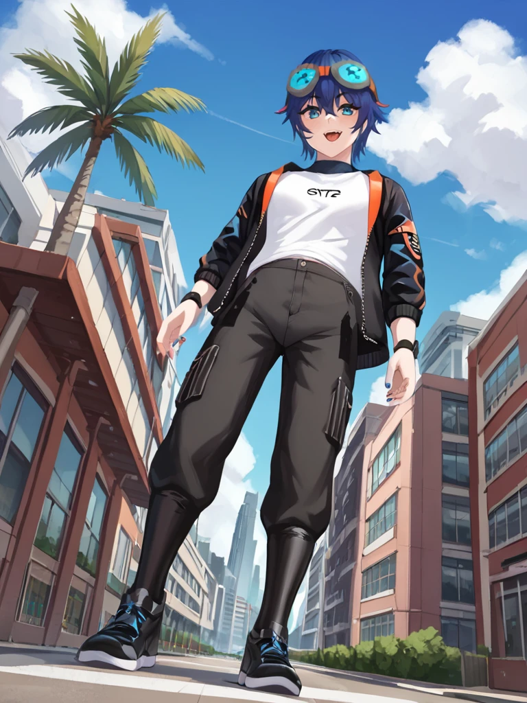 score_9, score_8_up, score_7_up, score_6_up, score_5_up, score_4_up, BREAK source_anime, <lora:kanovt19:0.8>, blue_hair, eyebrows_visible_through_hair, fang, hair_between_eyes, kanovt, looking_at_viewer, portrait, rating:safe, shirtsolo, short_hair, smile, solo, goggles, full body, supermodel, sweaty skin,looking at viewer, wrist band, day, scenery, outdoors, blue sky, cloud, mountain, mountainous horizon, ocean, building, city, cityscape, palm tree, flower, (from below) , epiCPhoto, pants,