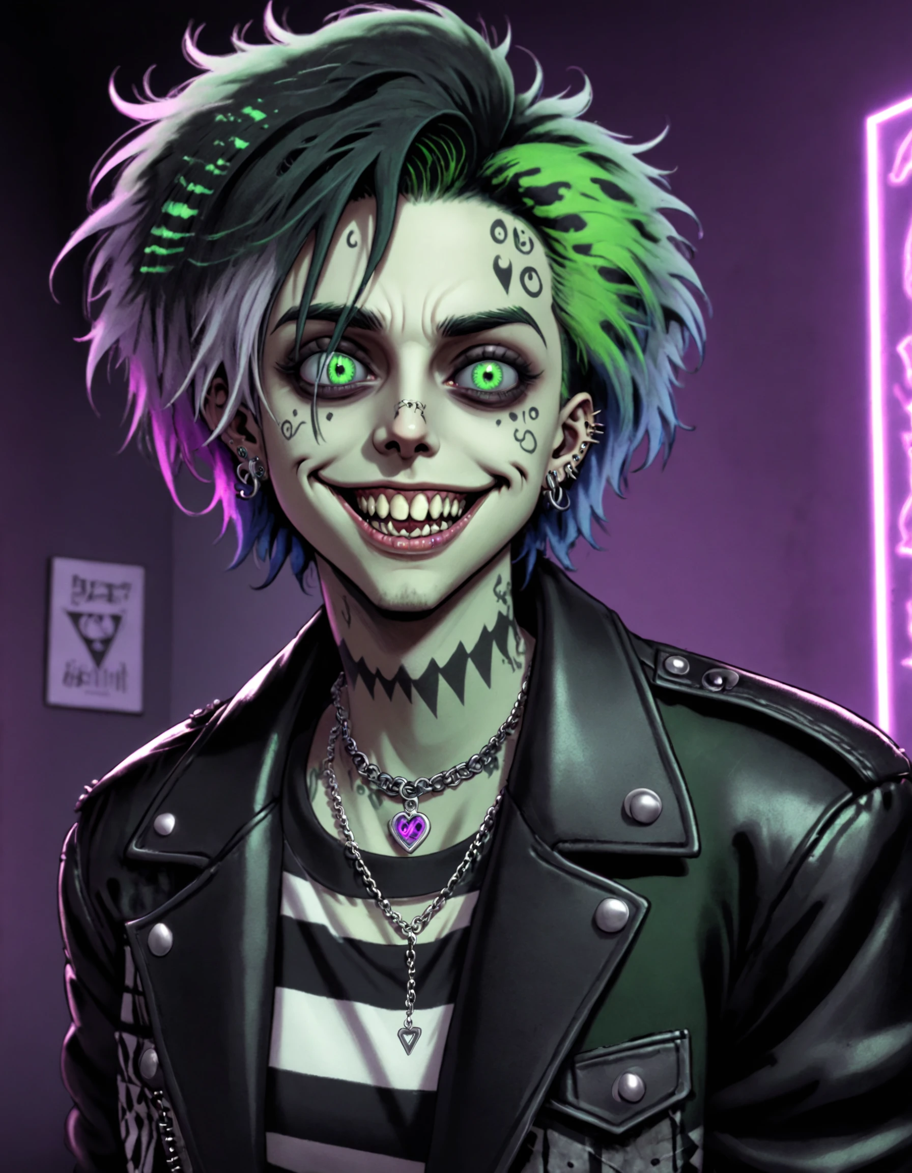 reshadexl, green theme, 1boy, male focus, Lawrence_Shoggoth, Beetlejuice, Beetlejuice, Beetlejuice, male_focus, solo, heterochromia, gradient_hair, multicolored_hair, dirty_face, scars, short_hair, fluffy_hair, jewelry, open_clothes, jacket, necklace, open_jacket, black_jacket, shirt, crop_top, tattoo, pendant, leather, leather_jacket, looking_at_viewer, wide_grin, open_mouth, neon lighting, side lighting, studio, duochrome, duotone , <lora:ReShadeSDXL:0.8>