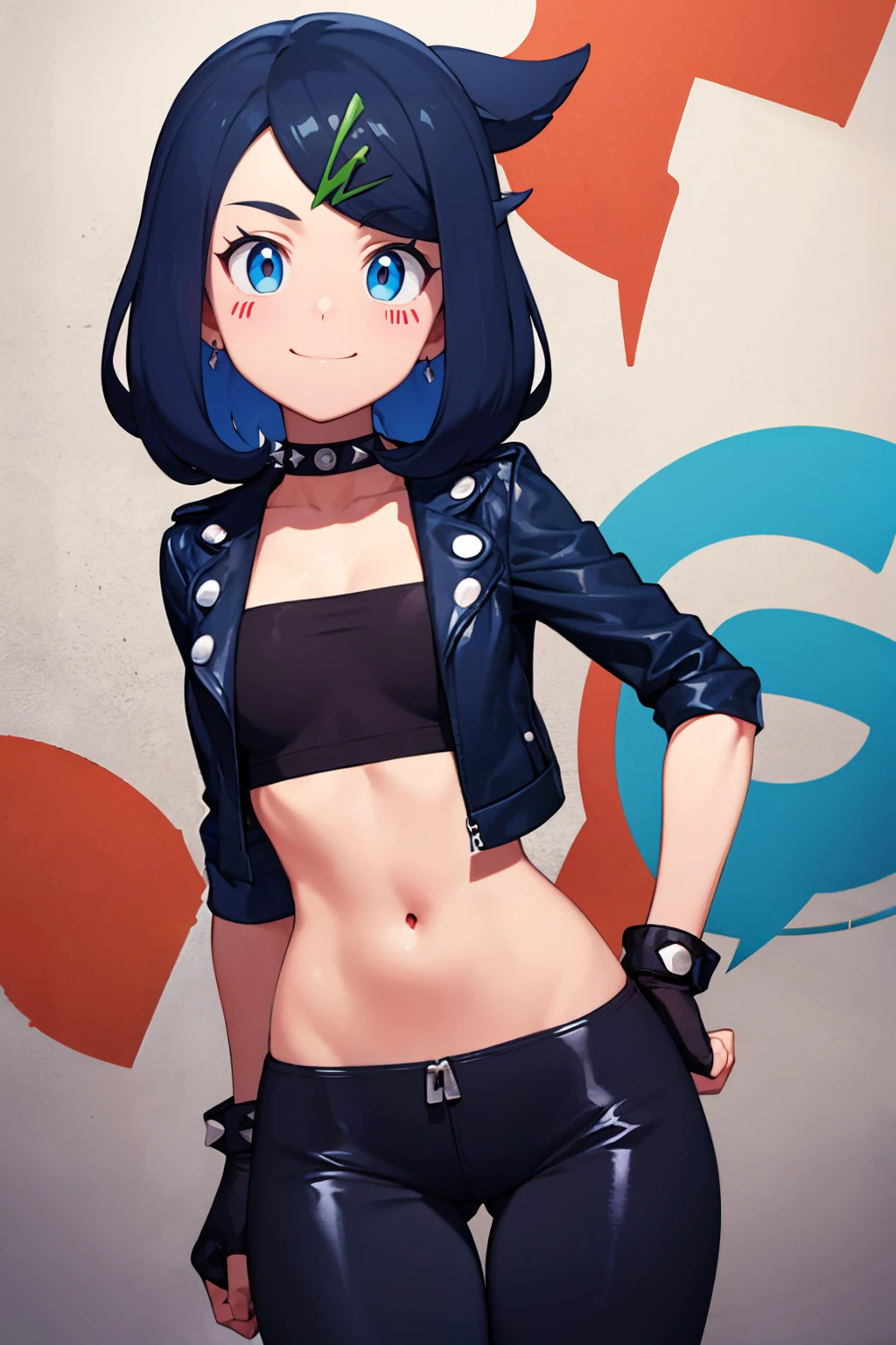 ((masterpiece,best quality)), absurdres,   <lora:Liko_Pokemon_v2:0.8>,  liko (pokemon), blue hair, hair clip,       leather jacket, leather pants, strapless bra, black jacket, tight pants, black choker, zipper, fingerless gloves, biker clothes, spikes, unzipped, multiple belts, shiny clothes, high collar, (graffiti:1.2), brick wall,    solo, smiling, looking at viewer, cowboy shot,  <lora:Bold_CAT:0.3>,