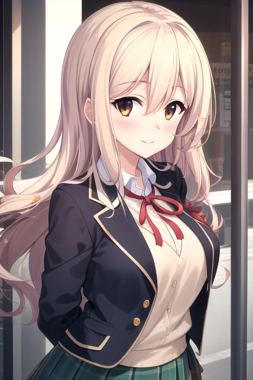 ((masterpiece)),(best quality),official art,extremely detailed CG,unity 8k wallpaper,ultra detailed,beautiful detailed eyes,extremely detailed face,outdoors,1girl,solo,upper body,(portrait:1.5),looking at viewer,facing viewer,smile,Enjou Minamo,long hair,long wavy blond hair,hair intakes,floating hair,hair between eyes,brown eyes,school uniform,blazer,blue jacket,wing collar,yellow sweater ,collared shirt,white shirt,neck ribbon,red ribbon,long sleeves,large breasts,miniskirt,green skirt,plaid skirt,pleated skirt,white socks,loafers,<lora:Enjou Minamo(ls):0.8>,