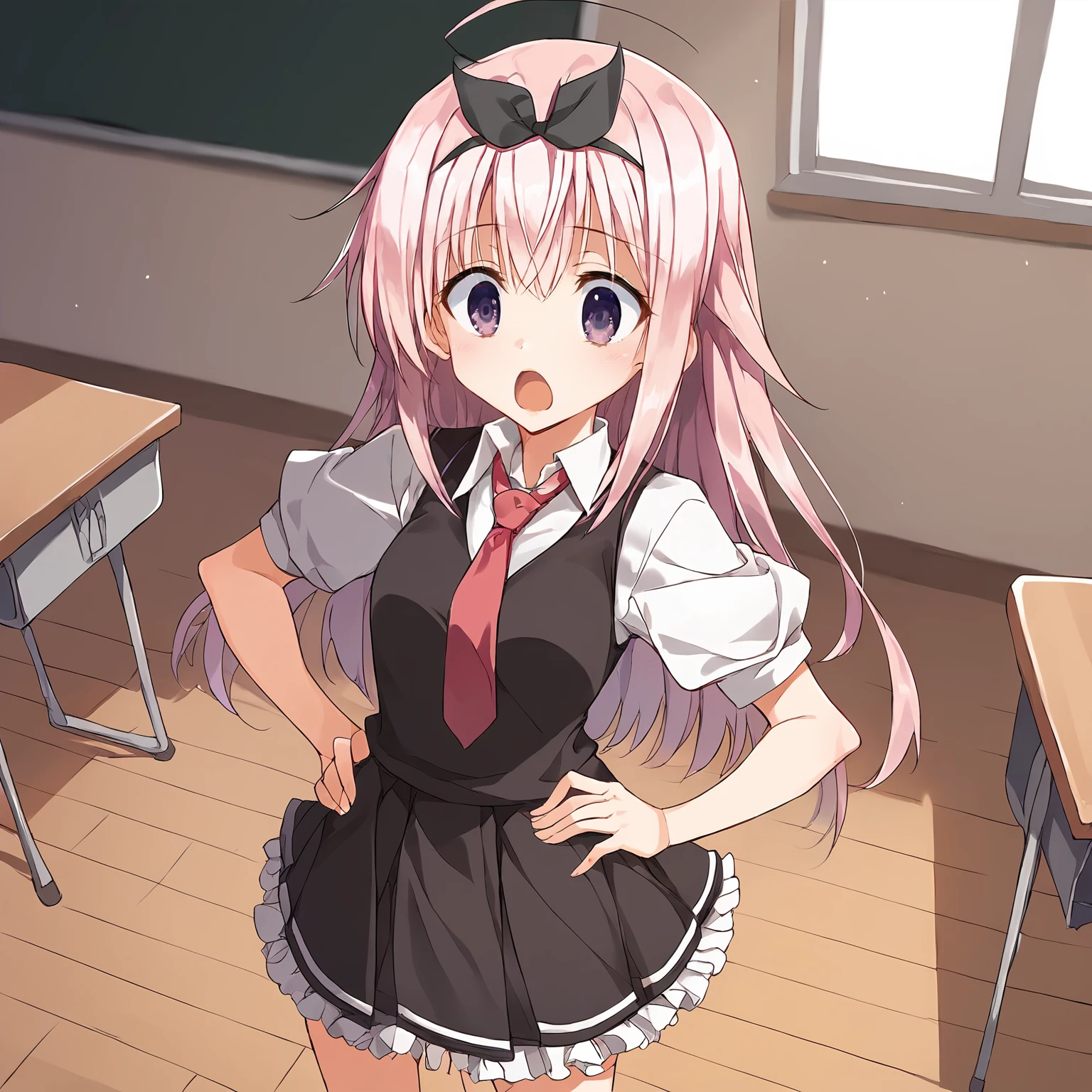 Standing directly in front of me at the same height、Embarrassed、She lifts the front hem of her skirt to reveal her pale pink pussy UNDERWEAR、Long white hair、high school girl