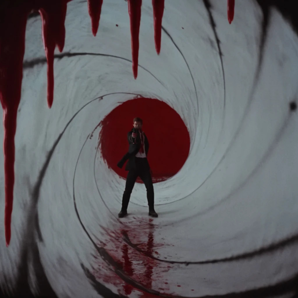UHD, 4k, ultra detailed, cinematic, a photograph of <lora:Gun barrel sequence v2:1>
a man standing in a tunnel of red blood aiming a gun at camera is seen through a tunnel hole,blood dripping on camera,raining blood on camera,blood on camera, blood falling on camera, solo,shirt,1boy,male focus,pants,letterboxed,spot color , Gun barrel hole, gun barrel's interior, pinhole camera, Gun barrel sequence style, epic, beautiful lighting, inpsiring