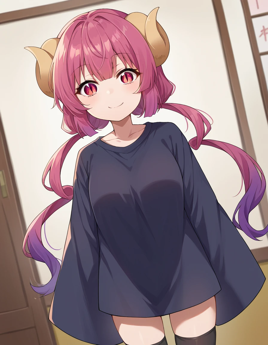 score_9, score_8_up, score_7_up, source_anime, dragonilulu, ilulu, curled horns, horns, long hair, multicolored hair, purple hair, red eyes, red hair, slit pupils, black shirt, long shirt, black thighhighs, collarbone, shirt, short sleeves, thighhighs, wide sleeves, zettai ryouiki, indoors, looking at viewer, cowboy shot, dutch angle, big breasts, cleavage, grabing breasts, grabing own breasts, bouncing breasts, blush, seductive smile