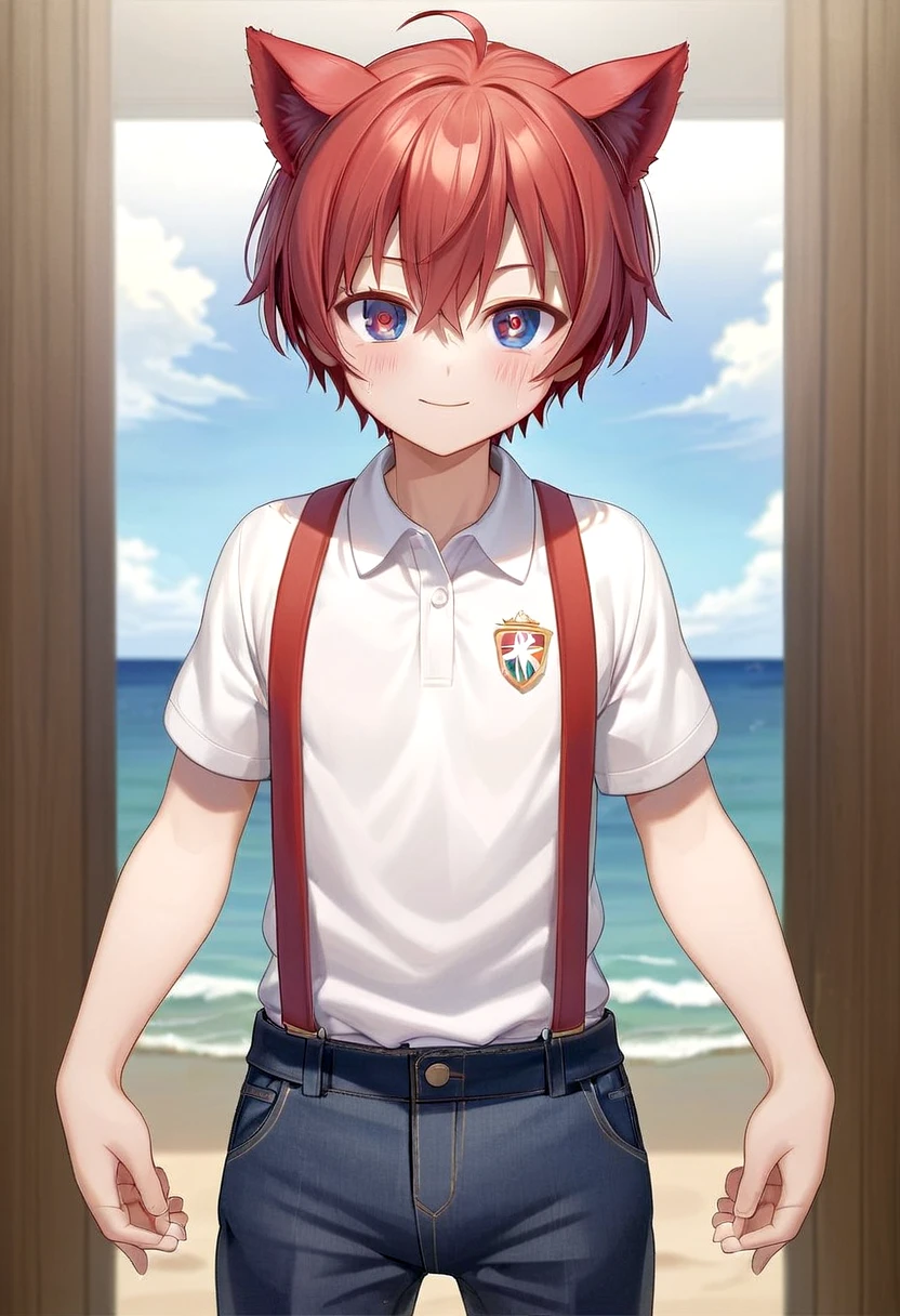 <lora:Aki_epoch_13:0.6>, (1boy:1.2), beach, smile, ( crimson cat ears:1.4), (red ears), male face, male body, more details in eyes, (very short hair:1.2), hair between eyes, cute, adorable boy, cute face, detailed face, handsome, young, juvenile, white skin, eyeshadow, crew cut, crimson hair, details sky, looking at viewer, blush, blue eyes, full shot, red suspenders, (pants), (white polo shirt), aki,petite,
(masterpiece:1.2), best quality, high resolution, unity 8k wallpaper, (illustration:0.8), (beautiful detailed eyes:1.6), extremely detailed face, perfect lighting, extremely detailed CG, (perfect anatomy),