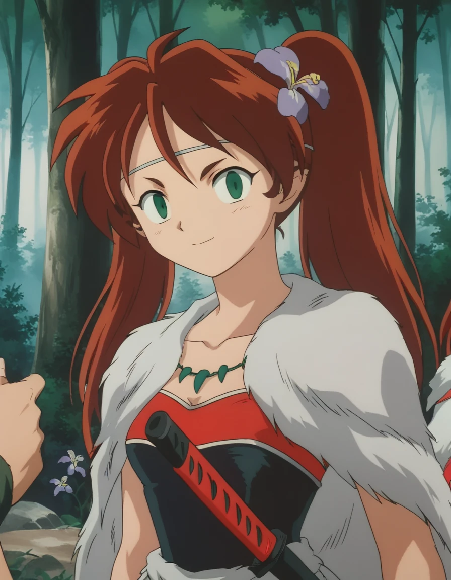 score_9, score_8_up, score_7_up, source_anime,
inuyashaayame, <lora:inuyasha-ayame-ponyxl-lora-nochekaiser:1>,
ayame, long hair, brown hair, hair ornament, twintails, green eyes, flower, red hair, sword, hair flower, smile,
jewelry, necklace, cape, collarbone, fur trim,
outdoors, forest, nature,
looking at viewer,