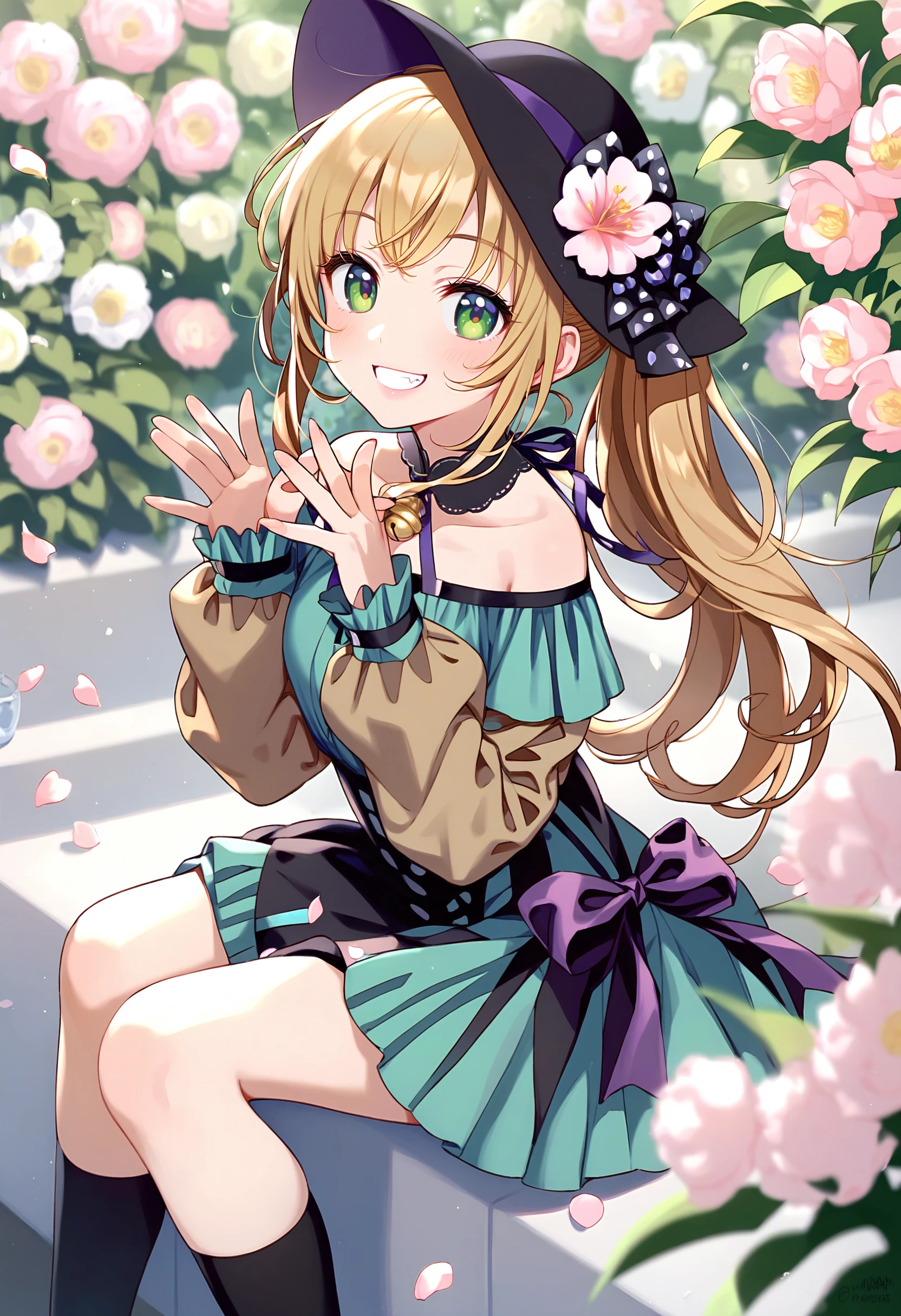 score_9,score_8_up,score_7_up,<lora:PDFA_Style8356194477-000450:1>,1girl,solo,bangs,blush,smile,looking at viewer,indoors,:d,animal,bell,black bow,black dress,black footwear,black headwear,black ribbon,black socks,blonde hair,blurry,blurry foreground,bow,brown hair,brown shirt,bug,butterfly,closed mouth,depth of field,dress shirt,dress,fang,fingernails,flower,green dress,green eyes,grin,hands up,hat,hat flower,long hair,long sleeves,off shoulder,off-shoulder dress,open mouth,outdoors,petals,pink flower,ponytail,puffy long sleeves,puffy sleeves,purple ribbon,ribbon,shirt,sitting,sleeves past wrists,socks,very long hair,white flower,white ribbon