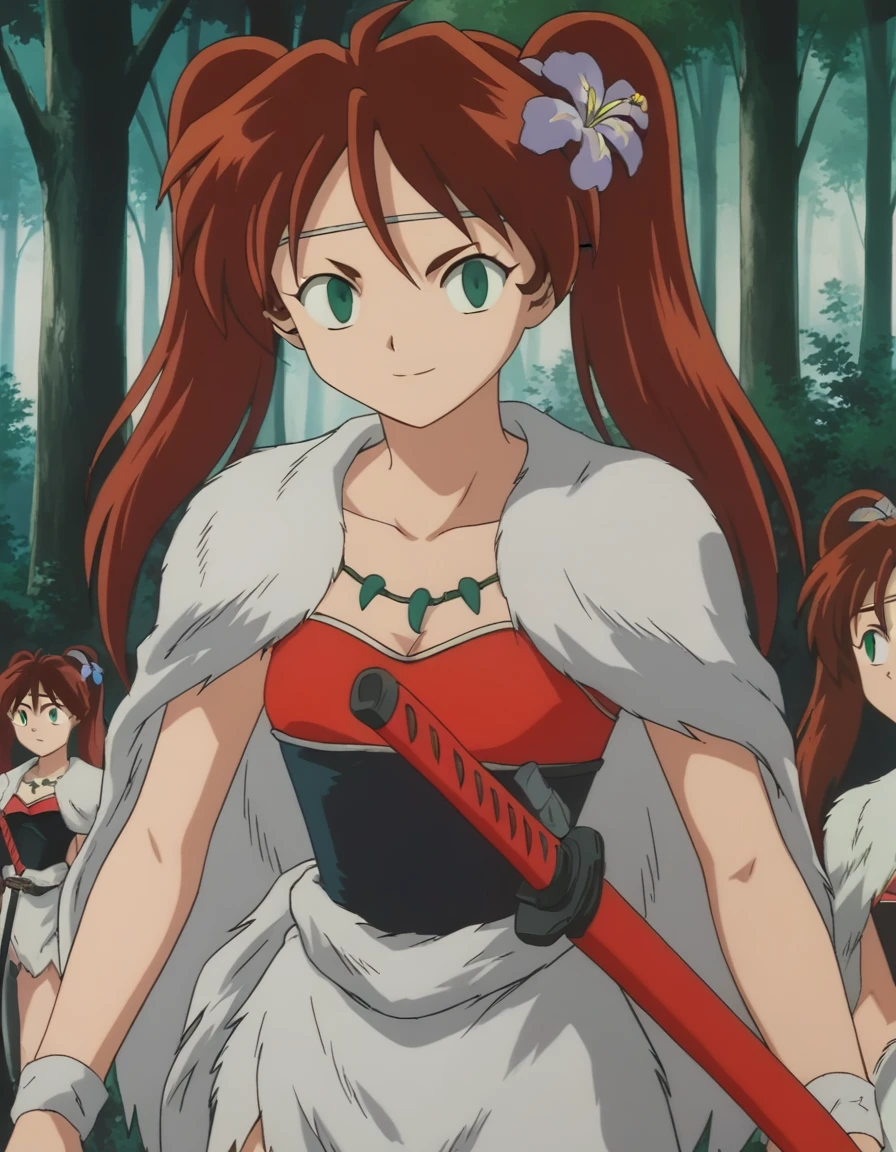 score_9, score_8_up, score_7_up, source_anime,
inuyashaayame, <lora:inuyasha-ayame-ponyxl-lora-nochekaiser:1>,
ayame, long hair, brown hair, hair ornament, twintails, green eyes, flower, red hair, sword, hair flower, smile,
jewelry, necklace, cape, collarbone, fur trim,
outdoors, forest, nature,
looking at viewer,