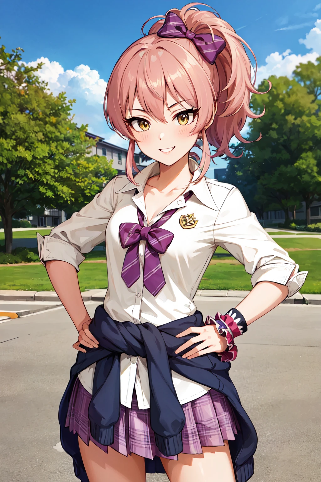 (masterpiece, best quality), 1girl, <lora:jougasaki_mika_v1:1> aamika, ponytail, hair bow, collarbone, school uniform, striped, bowtie, collared shirt, white shirt, sleeves rolled up, wrist scrunchie, clothes around waist, plaid skirt, purple skirt