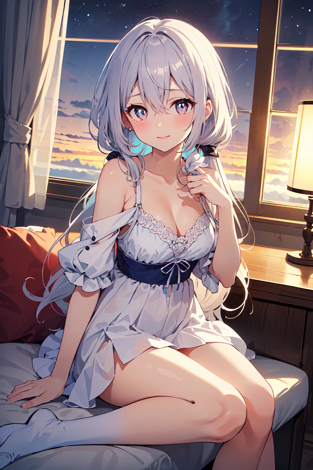 (masterpiece,best quality:1.4),(highres,perfect anatomy:1.2),official wallpaper,pixiv id,
indoors,hotel room,love hotel,window,starry sky,night,
1girl,solo,(full body:0.75),silver hair,bronya zaychik,
collarbone,(long hair,bangs,hair between eyes),(bright pupils,detailed pupils,glint),seductive smile,blush,