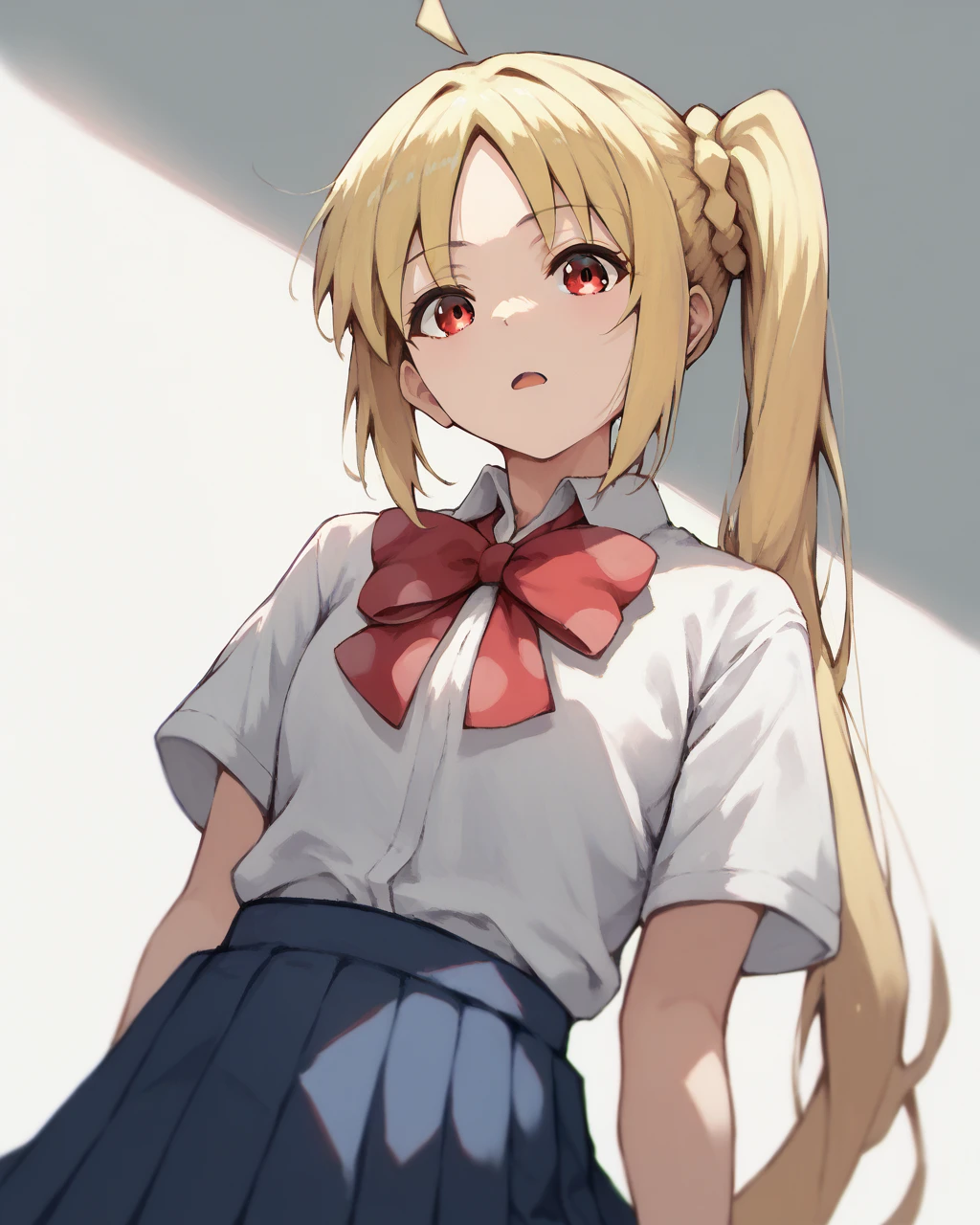 score_9, score_8_up, score_7_up,
<lora:Ijichi_Nijika_PONY:1>,ijichi nijika, 1girl, solo, blonde hair, long hair,red eyes, ahoge, side ponytail,bangs,white shirt, school uniform, red bowtie, pleated skirt, blue skirt,