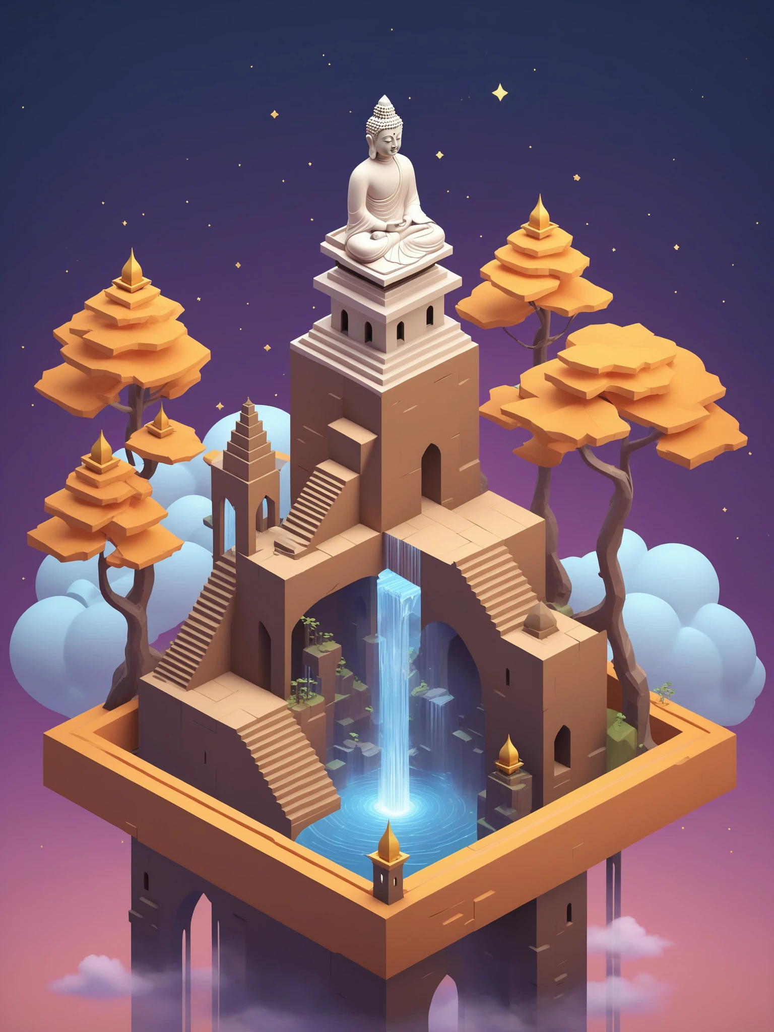 video game monument valley style, (A Buddha statue on the roof:1.1), stairs, water, cloud, trees, waterfall, gradient background, Night, starry sky,  <lora:Monument Valley style:0.7>