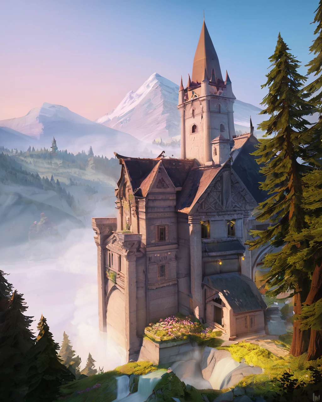 score_9, score_8_up, score_7_up, BREAK, flower, outdoors, mountain, day, fog, mist, castle, trees, forest, no humans, owsstyle, <lora:OwSceneryStyle_v1:0.8>