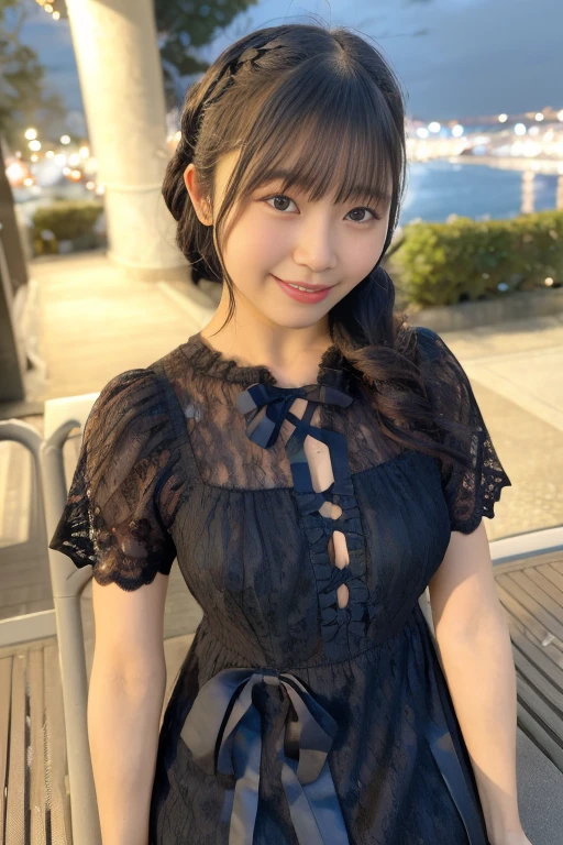 1girl, (lace dress:1.6),(RAW photo, best quality:1.4), (realistic, photo-realistic:1.4), masterpiece, an extremely delicate and beautiful, extremely detailed, 2k wallpaper, Amazing, finely detail, extremely detailed CG unity 8k wallpaper, ultra-detailed, highres, soft light, beautiful detailed girl, extremely detailed eyes and face, beautiful detailed nose, beautiful detailed eyes,(blurry,bokeh backgound:1.6),(night city:2.0),perfect anatomy,(slender body:1.6),(close up face:1.8),(smile:1.8),(looking at viewer:1.8), (japanese idol:1.8), (brown eyes:1.4),(standing:1.6),(cleavage:0.8), <lora:mochizukirino_lora-11:0.8>