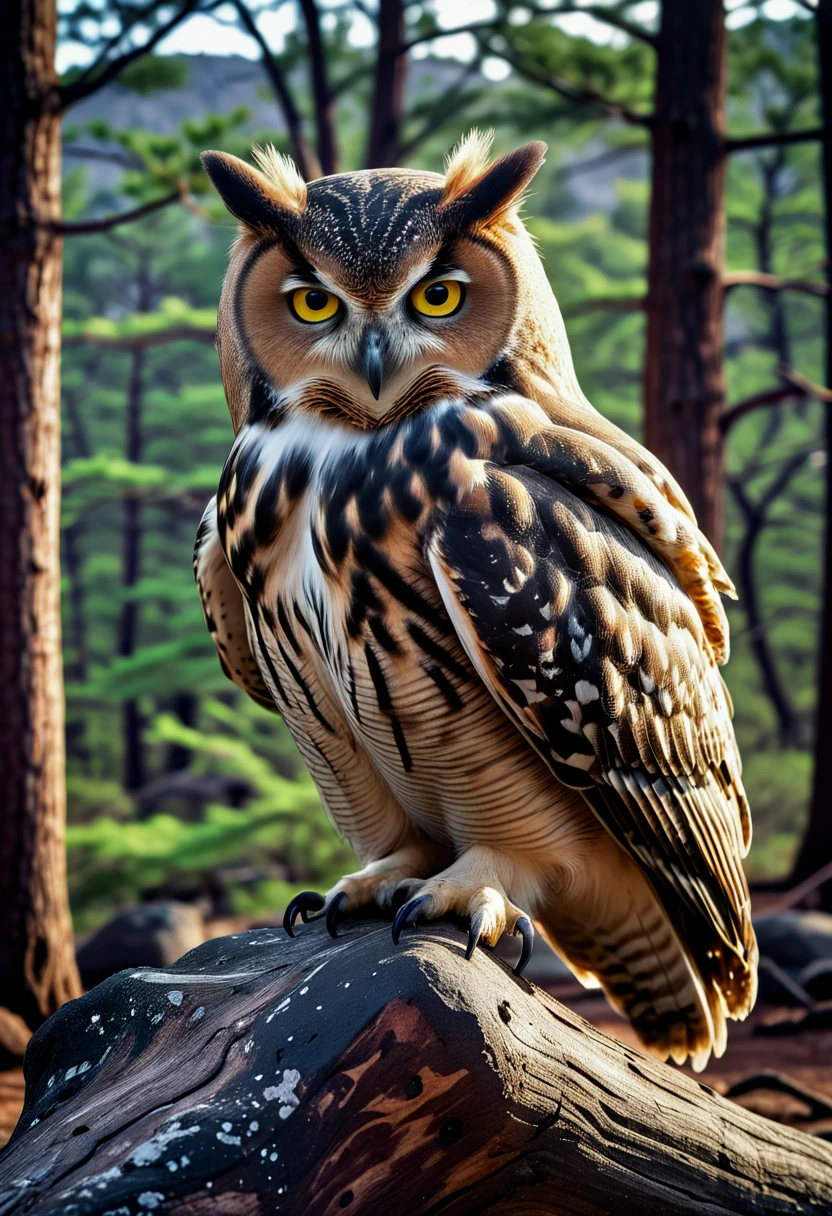closeup big owl sitting on branch, desolate black rocks, rim light, vibrant hdr, 8k, dark moody, single pine tree,