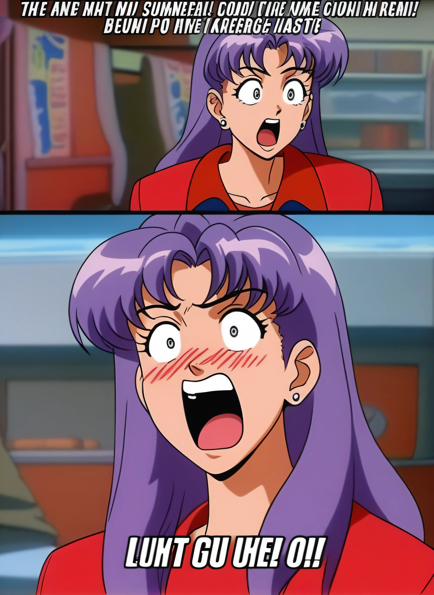 <lora:Misato:0.5> (high detailed,masterpiece), 1girl,solo,long hair,blush,open mouth,bangs,jewelry,jacket,upper body,purple hair,earrings,teeth,coat,parody,surprised,red jacket,meme,wide-eyed,retro artstyle,stud earrings,1990s (style),subtitled,scene reference,katsuragi misato